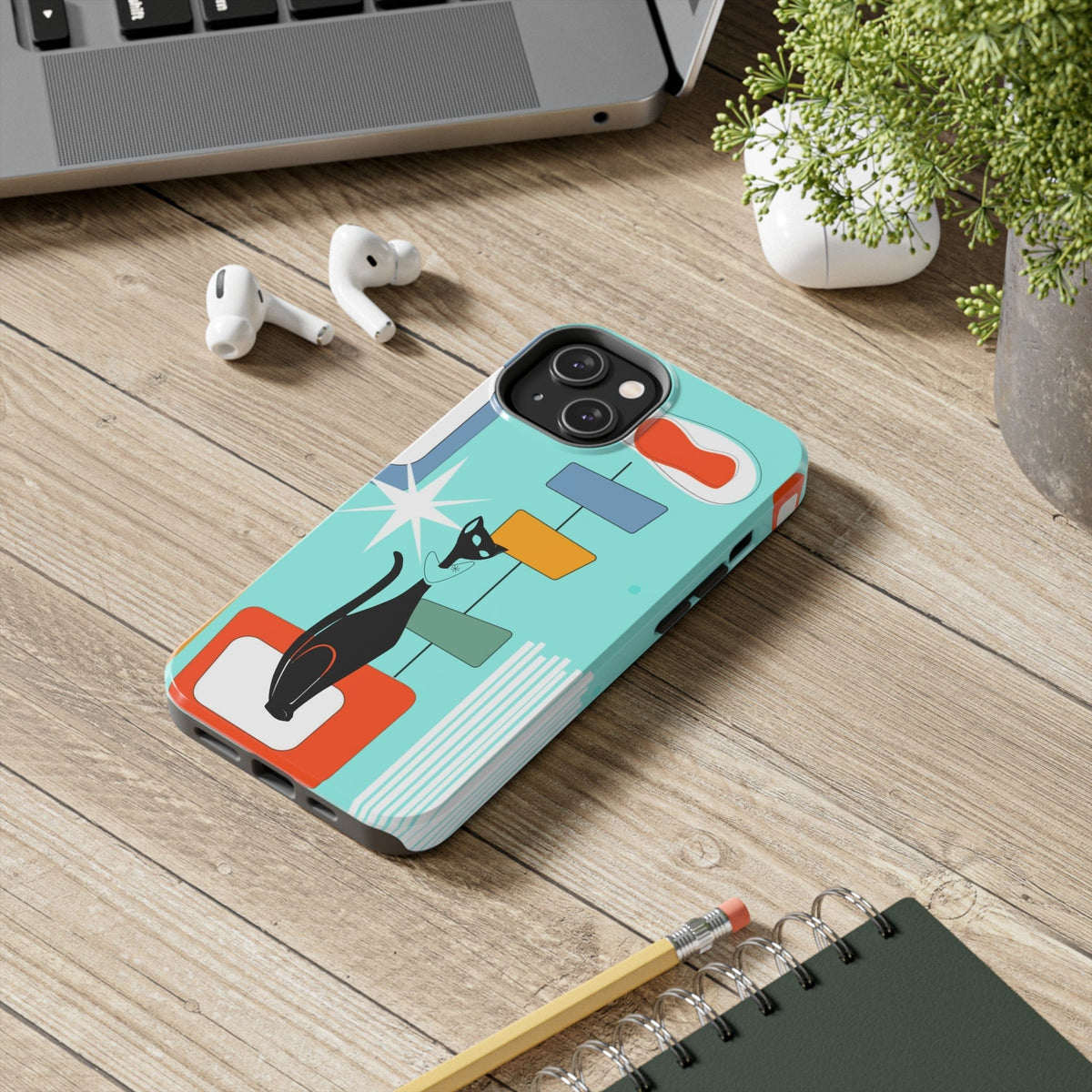 Atomic Cat, Mid Mod, Aqua Blue, Geometric Retro Smart Phone Tough Phone Cases Phone Case iPhone 14