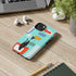 Atomic Cat, Mid Mod, Aqua Blue, Geometric Retro Smart Phone Tough Phone Cases Phone Case iPhone 14 Mid Century Modern Gal