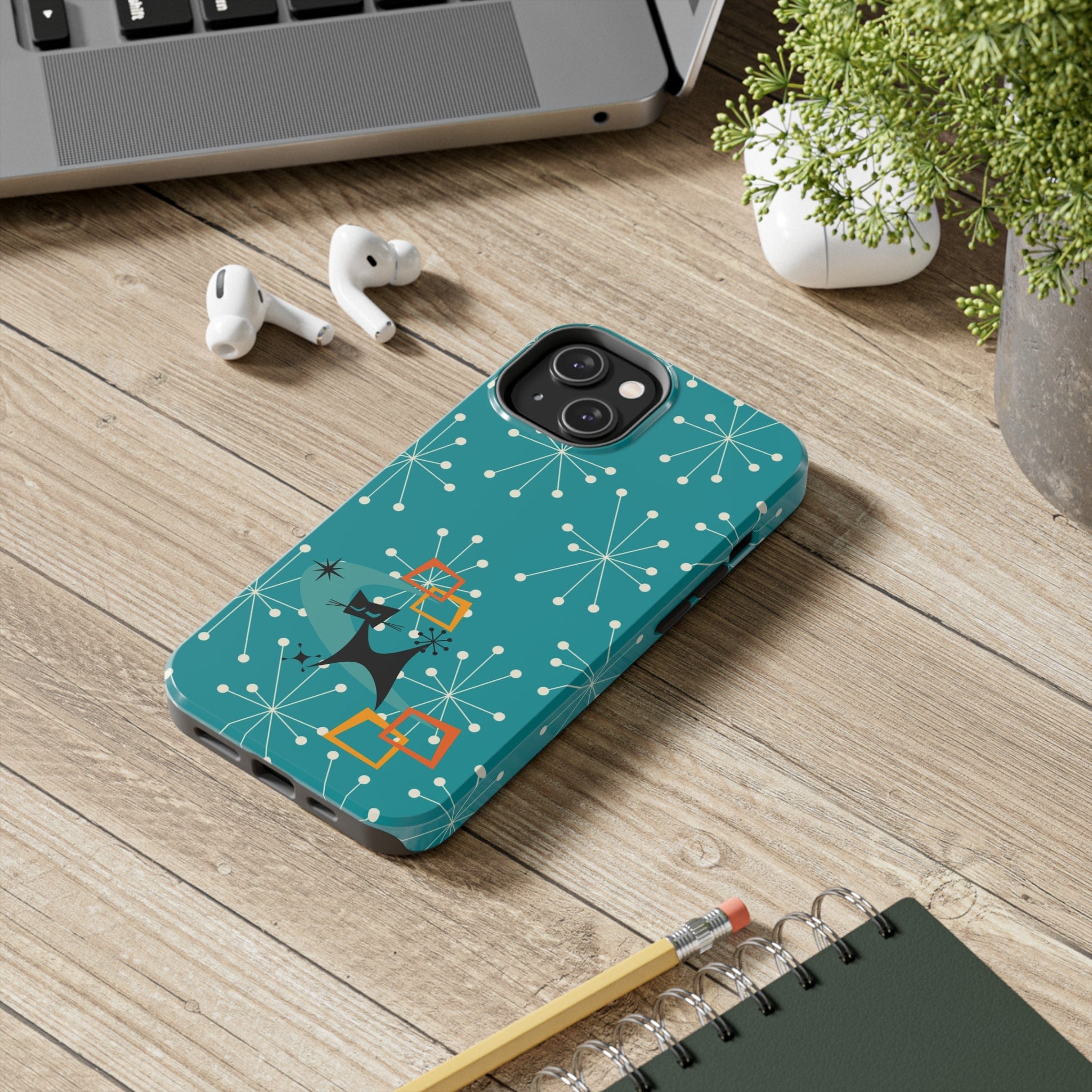 Atomic Space Cat, Starburst Blue, Retro Groovy Smart Phone Tough Phone Cases Phone Case iPhone 14