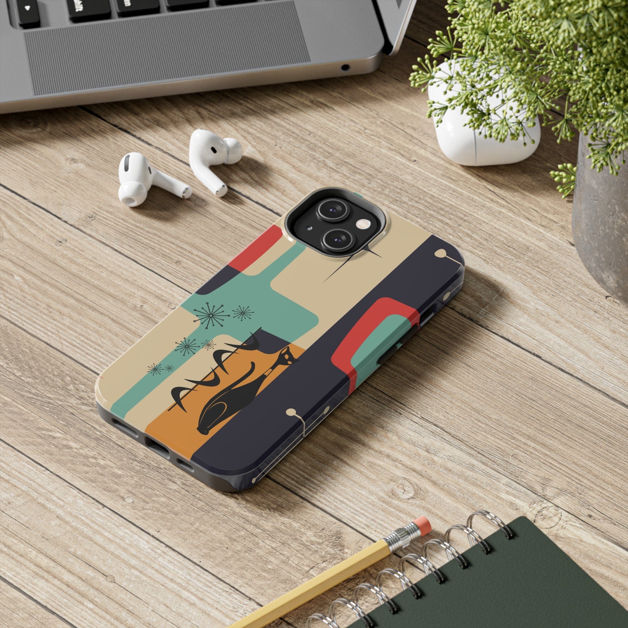 Mid Century Modern, Geometric, Atomic Cat Groovy Smart Phones Tough Phone Cases Phone Case iPhone 14