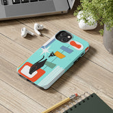 Atomic Cat, Mid Mod, Aqua Blue, Geometric Retro Smart Phone Tough Phone Cases Phone Case iPhone 14 Plus Mid Century Modern Gal