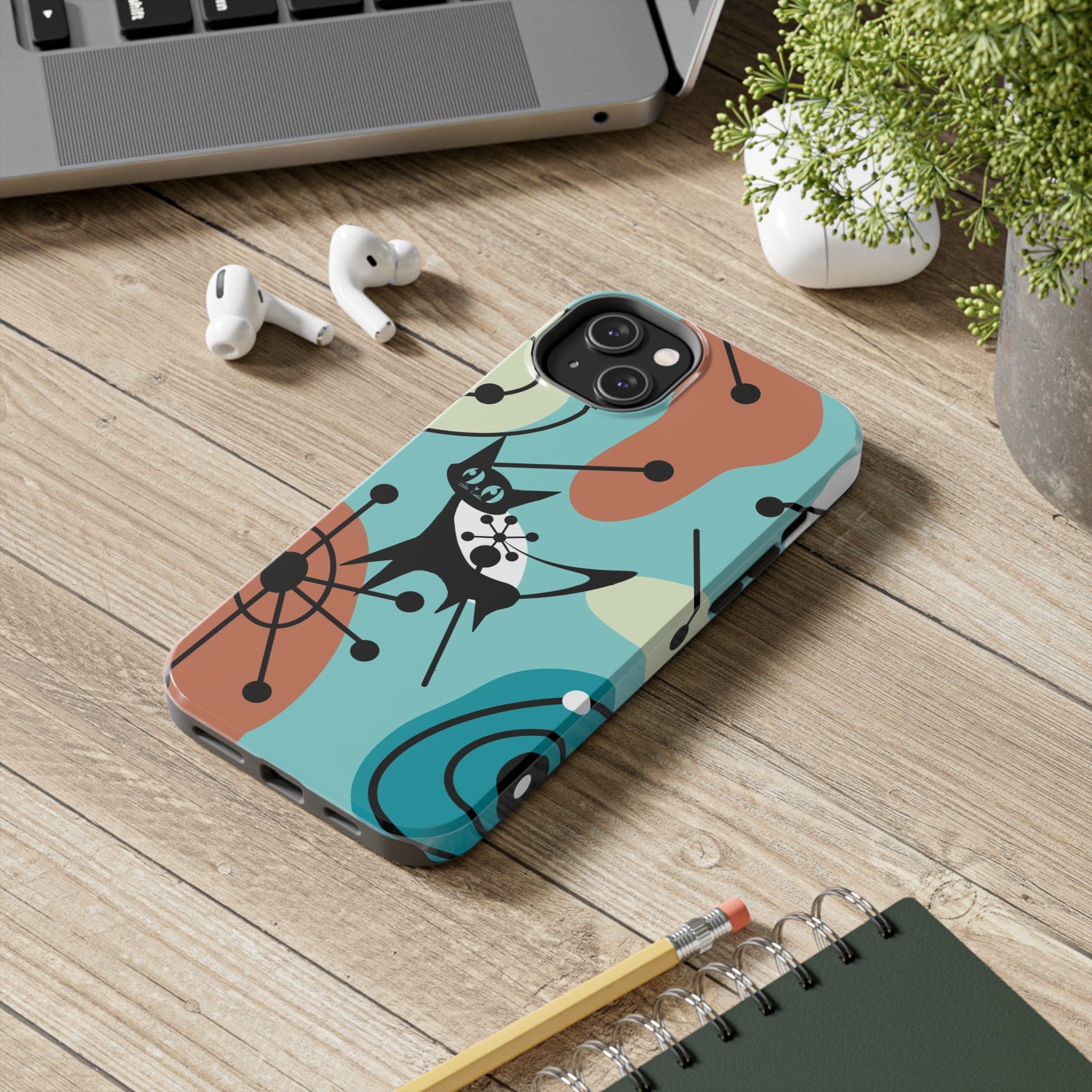 Atomic Kittie, Mid Century Modern Geometric Amoeba Retro Smart PhoneTough Phone Cases Phone Case iPhone 14 Plus