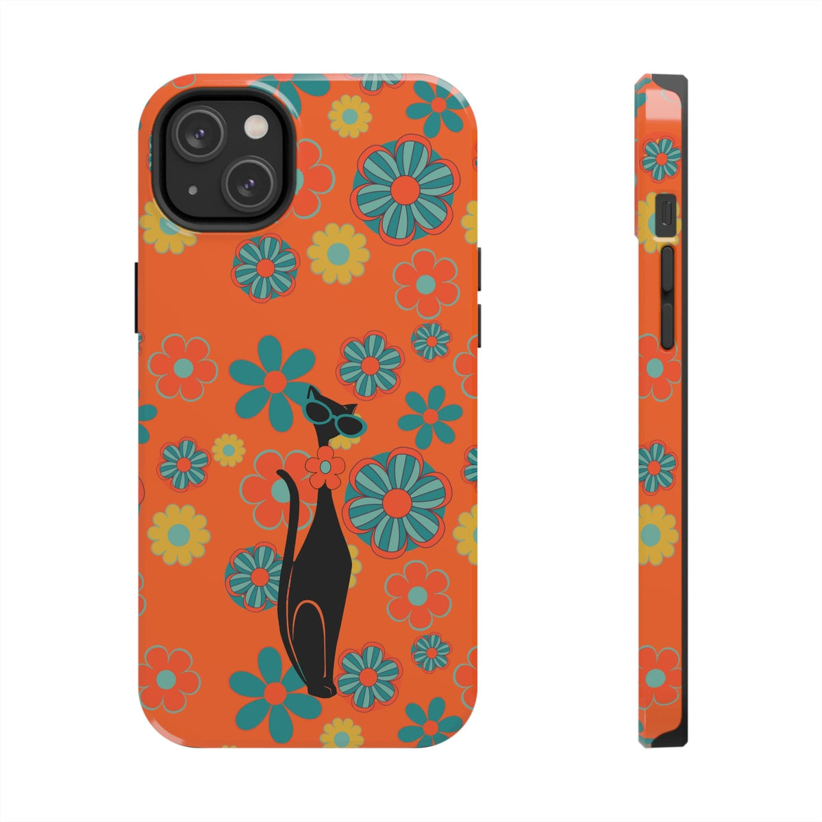 Flower Power 70's Orange Groovy Cat, Smart Phone Tough Phone Cases Phone Case iPhone 14 Plus