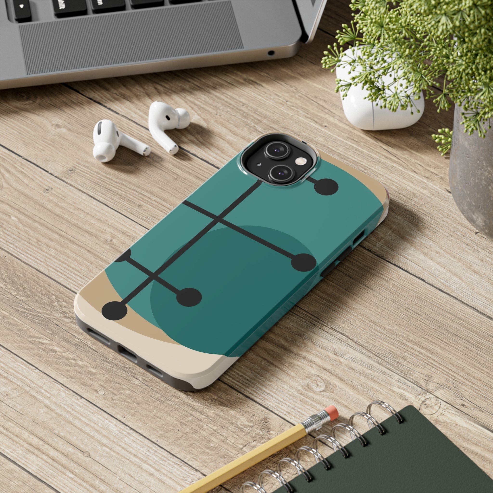 Mid Century Mod, Geometric, Retro Beige Teal Blue, Smart Phones Tough Phone Cases Phone Case iPhone 14 Plus