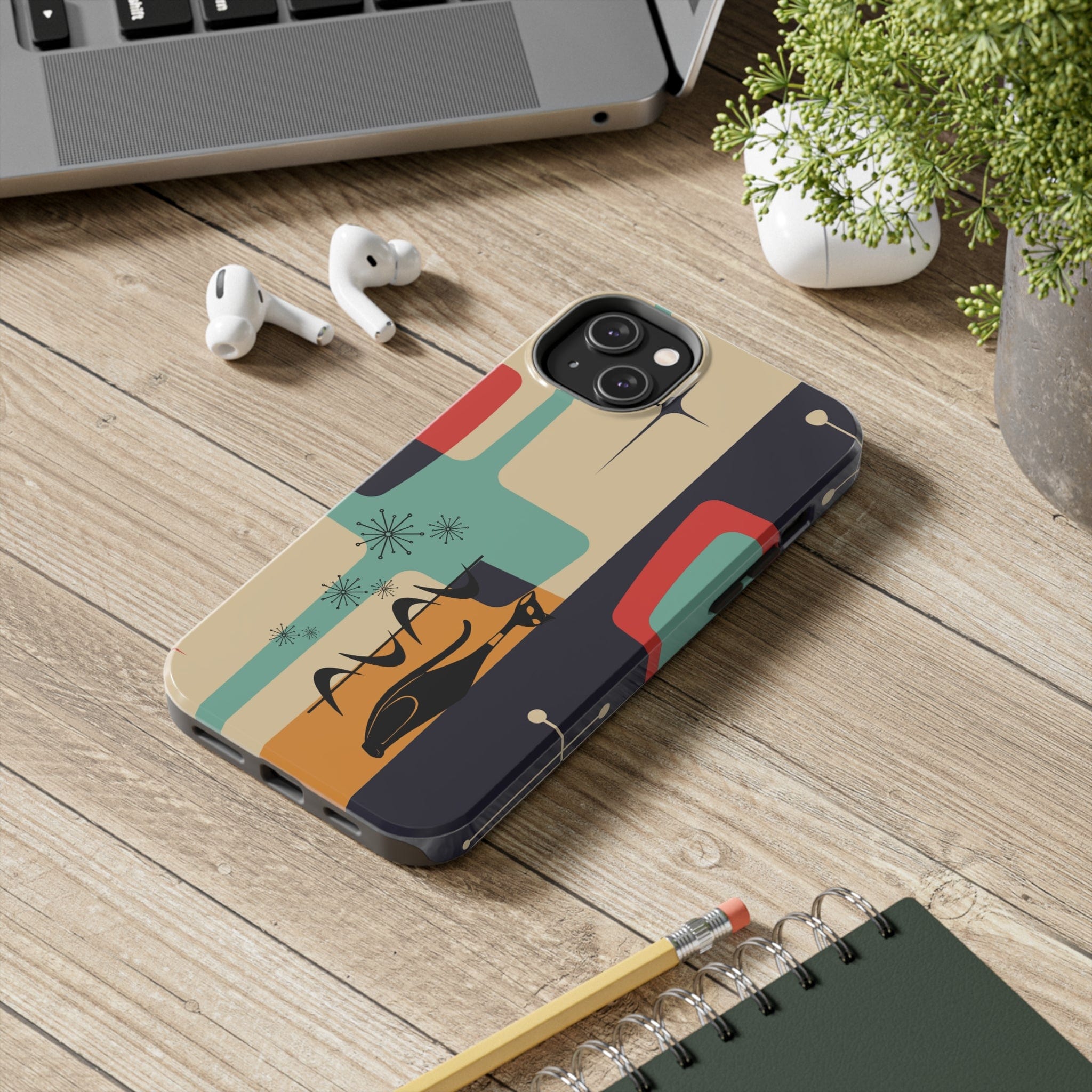 Mid Century Modern, Geometric, Atomic Cat Groovy Smart Phones Tough Phone Cases Phone Case iPhone 14 Plus