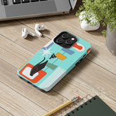 Atomic Cat, Mid Mod, Aqua Blue, Geometric Retro Smart Phone Tough Phone Cases Phone Case iPhone 14 Pro Max Mid Century Modern Gal