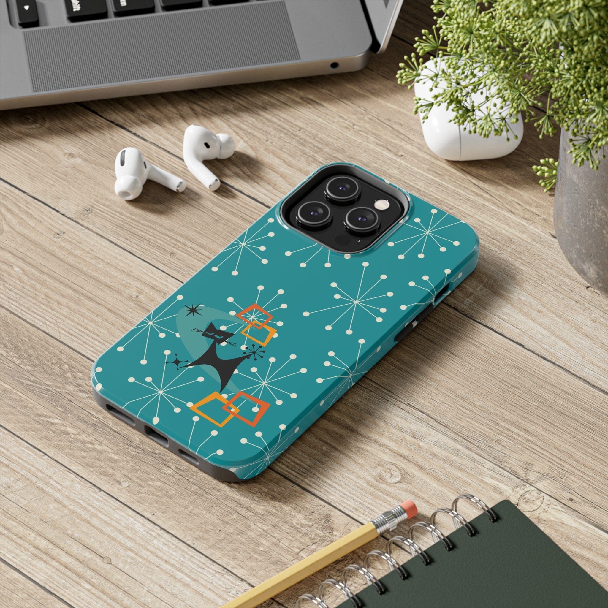 Atomic Space Cat, Starburst Blue, Retro Groovy Smart Phone Tough Phone Cases Phone Case iPhone 14 Pro Max