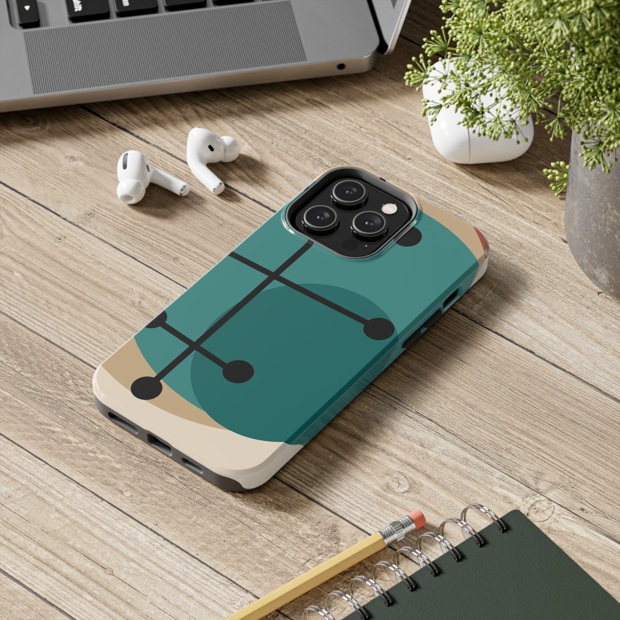 Mid Century Mod, Geometric, Retro Beige Teal Blue, Smart Phones Tough Phone Cases Phone Case iPhone 14 Pro Max