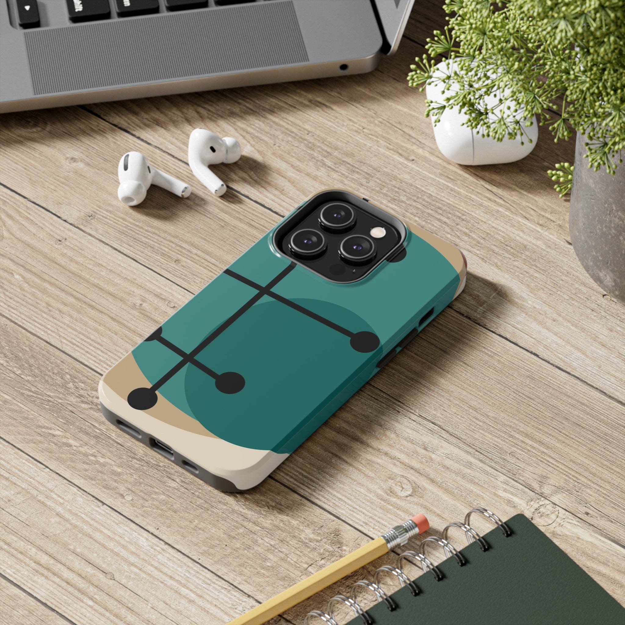 Mid Century Mod, Geometric, Retro Beige Teal Blue, Smart Phones Tough Phone Cases Phone Case iPhone 14 Pro
