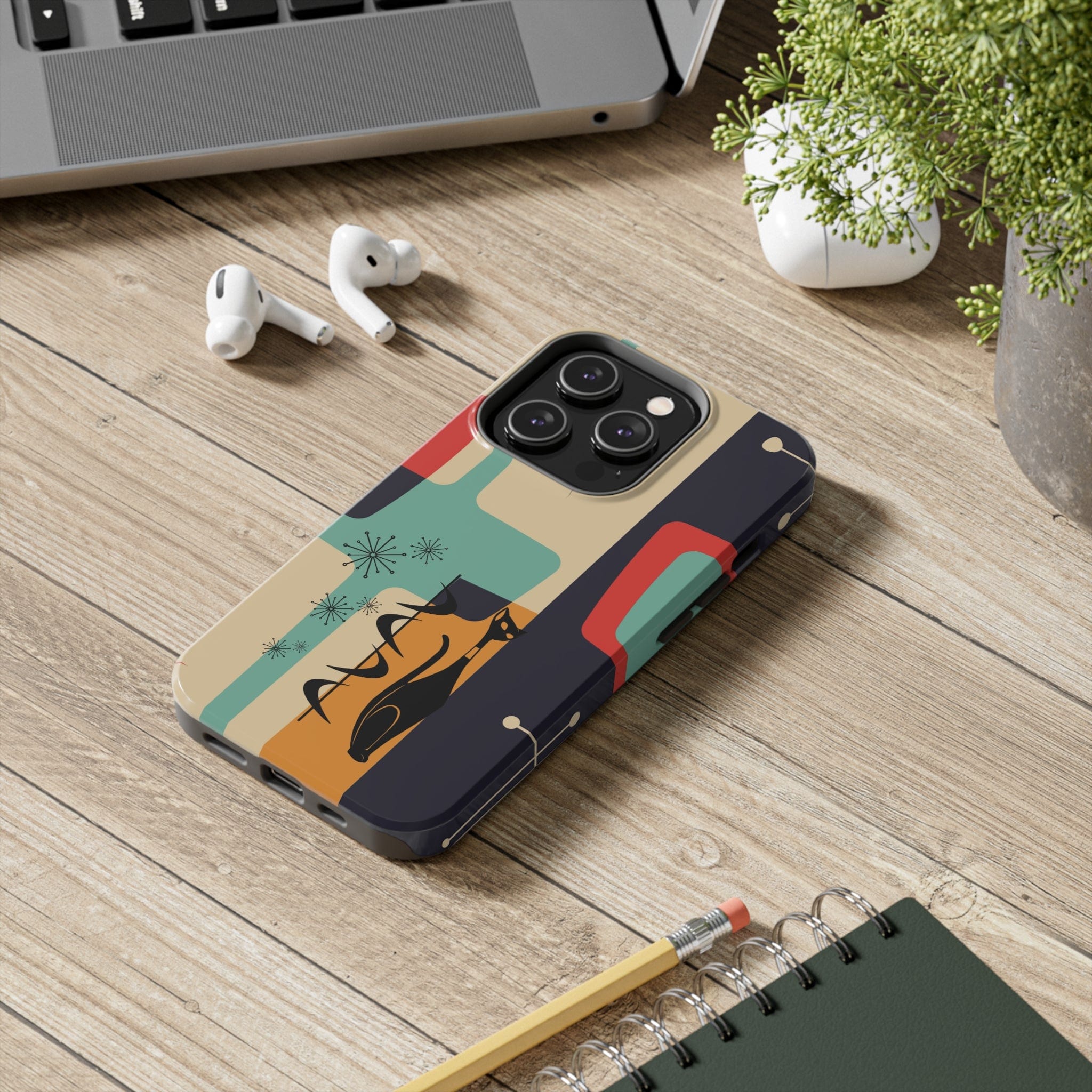 Mid Century Modern, Geometric, Atomic Cat Groovy Smart Phones Tough Phone Cases Phone Case iPhone 14 Pro
