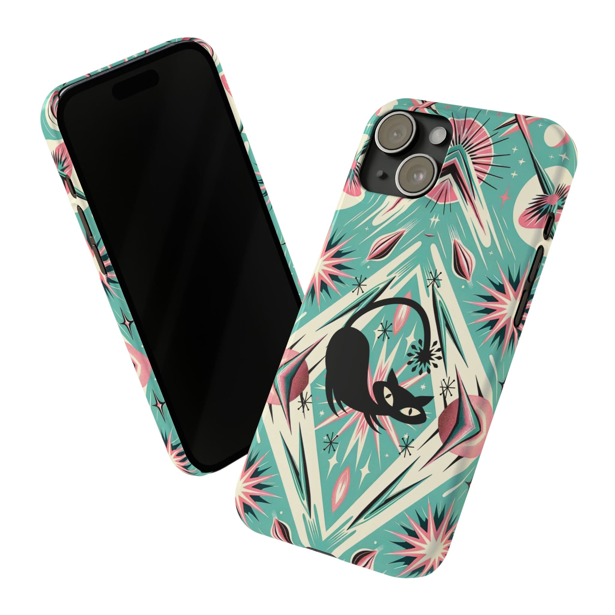 Atomic Cat, Mid Century Modern Aqua Blue, Pink, Starbursts iPhone 15 Models And More Slim Phone Cases Phone Case iPhone 15