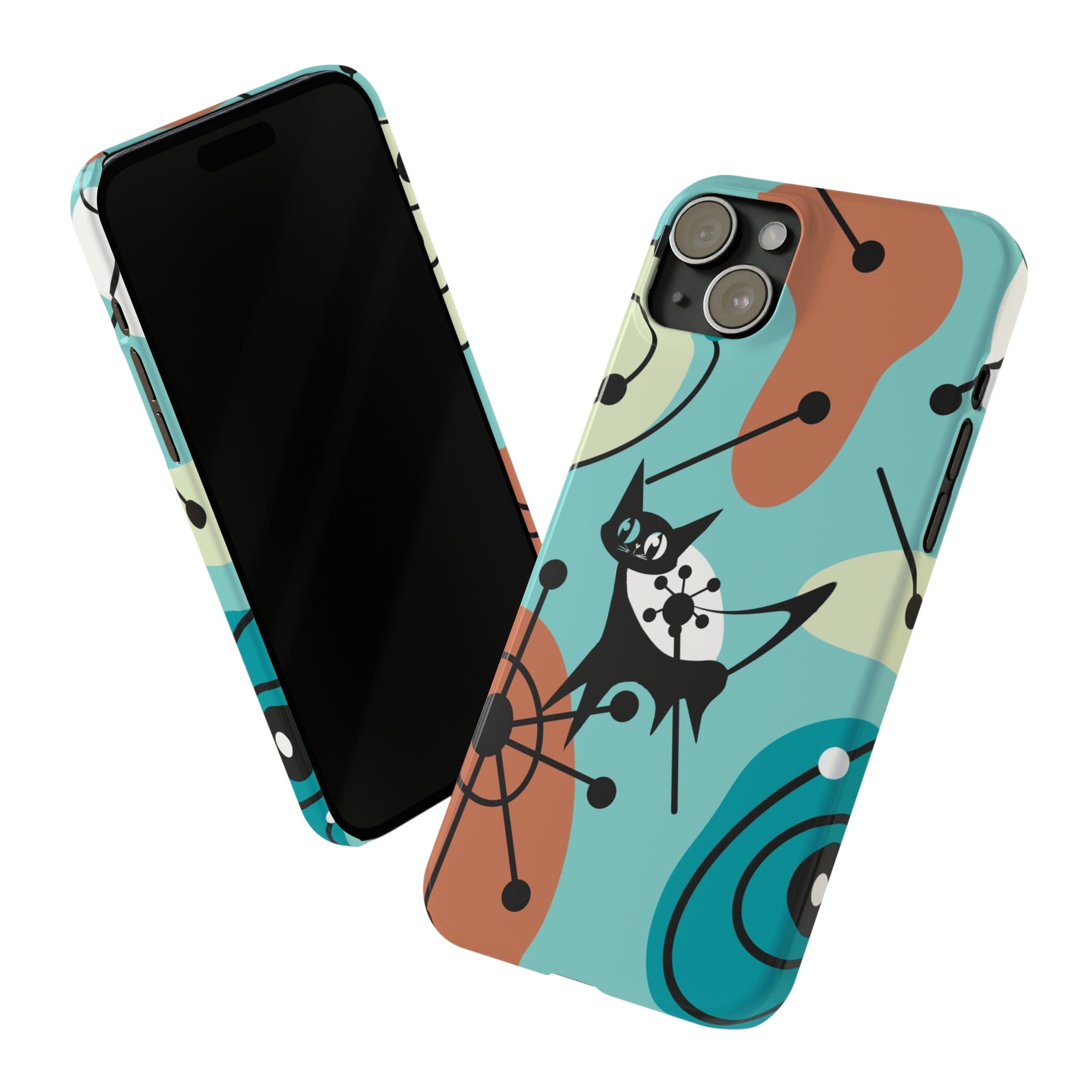 Atomic Kittie, Mid Century Mod Amoeba Aqua Starburst, New iPhone 15 Slim Phone Cases Phone Case iPhone 15 Plus