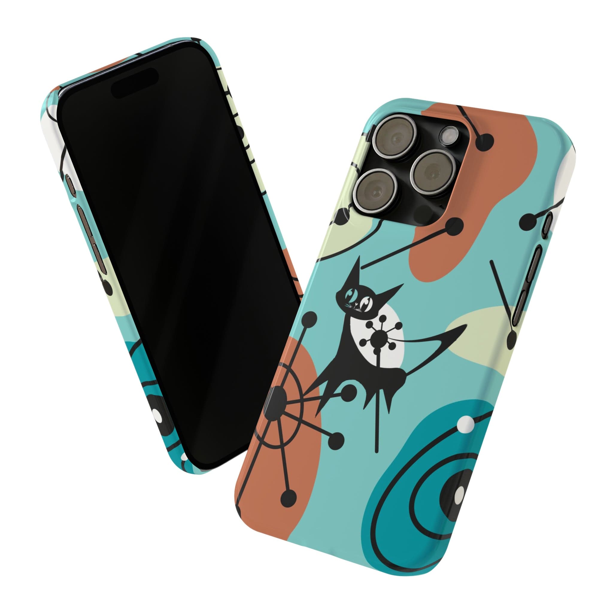Atomic Kittie, Mid Century Mod Amoeba Aqua Starburst, New iPhone 15 Slim Phone Cases Phone Case iPhone 15 Pro