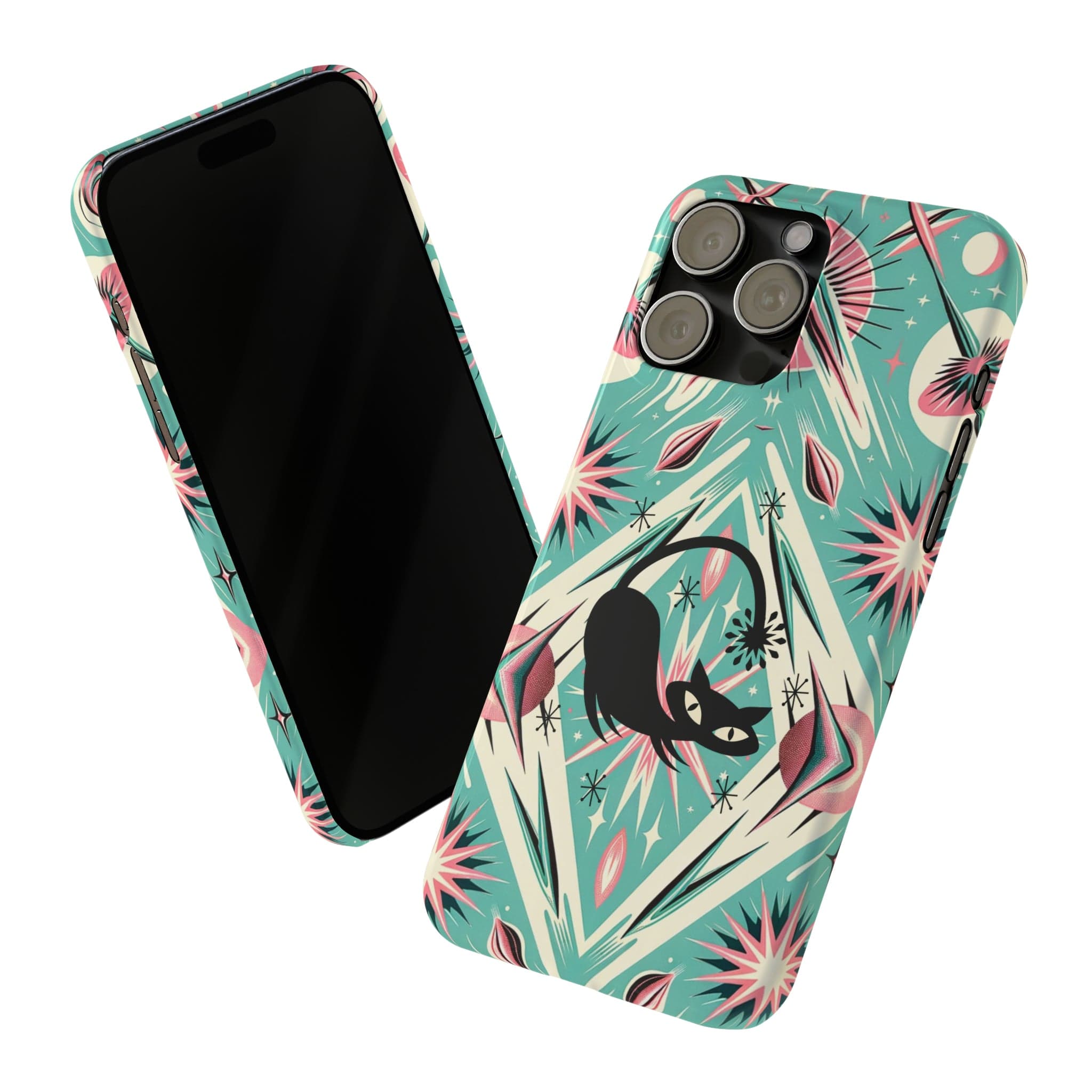Atomic Cat, Mid Century Modern Aqua Blue, Pink, Starbursts iPhone 15 Models And More Slim Phone Cases Phone Case iPhone 15 Pro Max