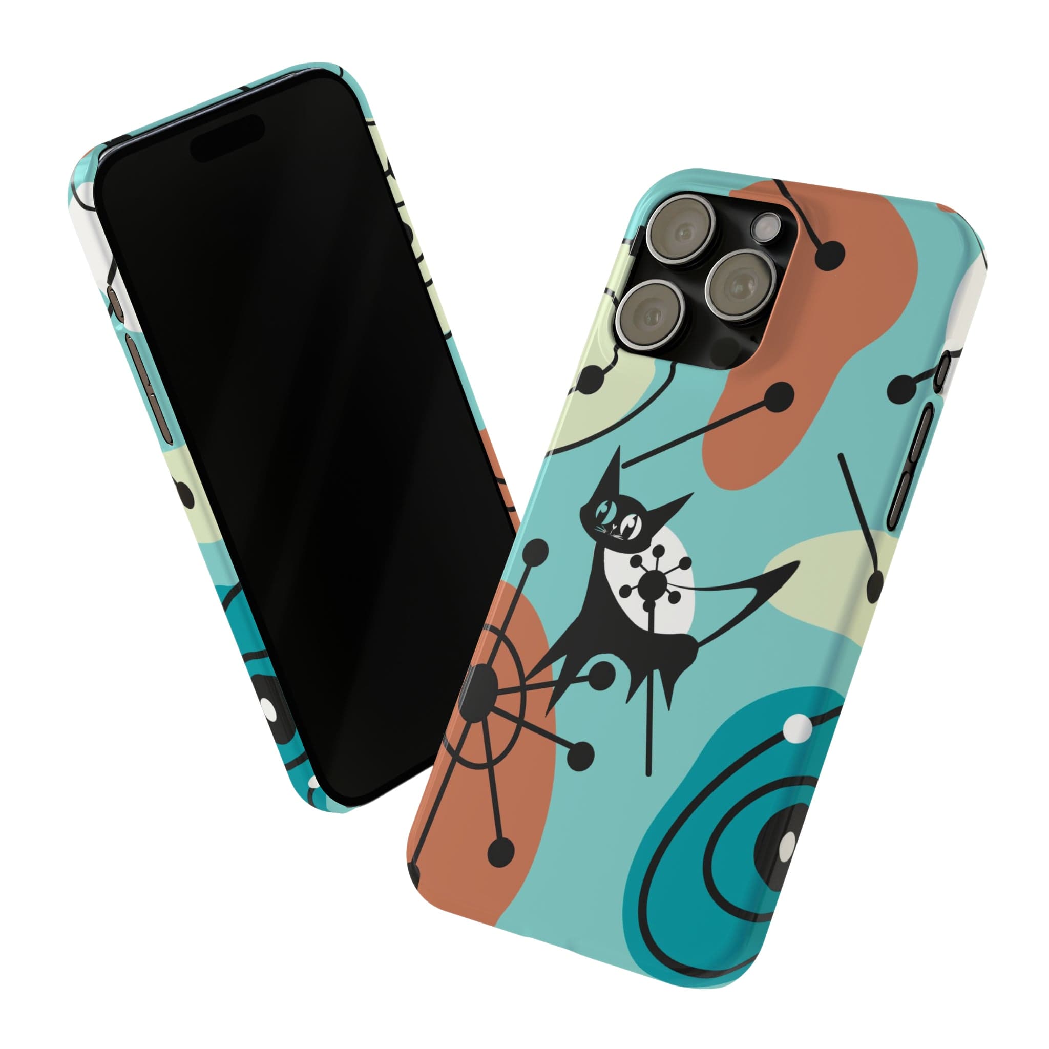 Atomic Kittie, Mid Century Mod Amoeba Aqua Starburst, New iPhone 15 Slim Phone Cases Phone Case iPhone 15 Pro Max