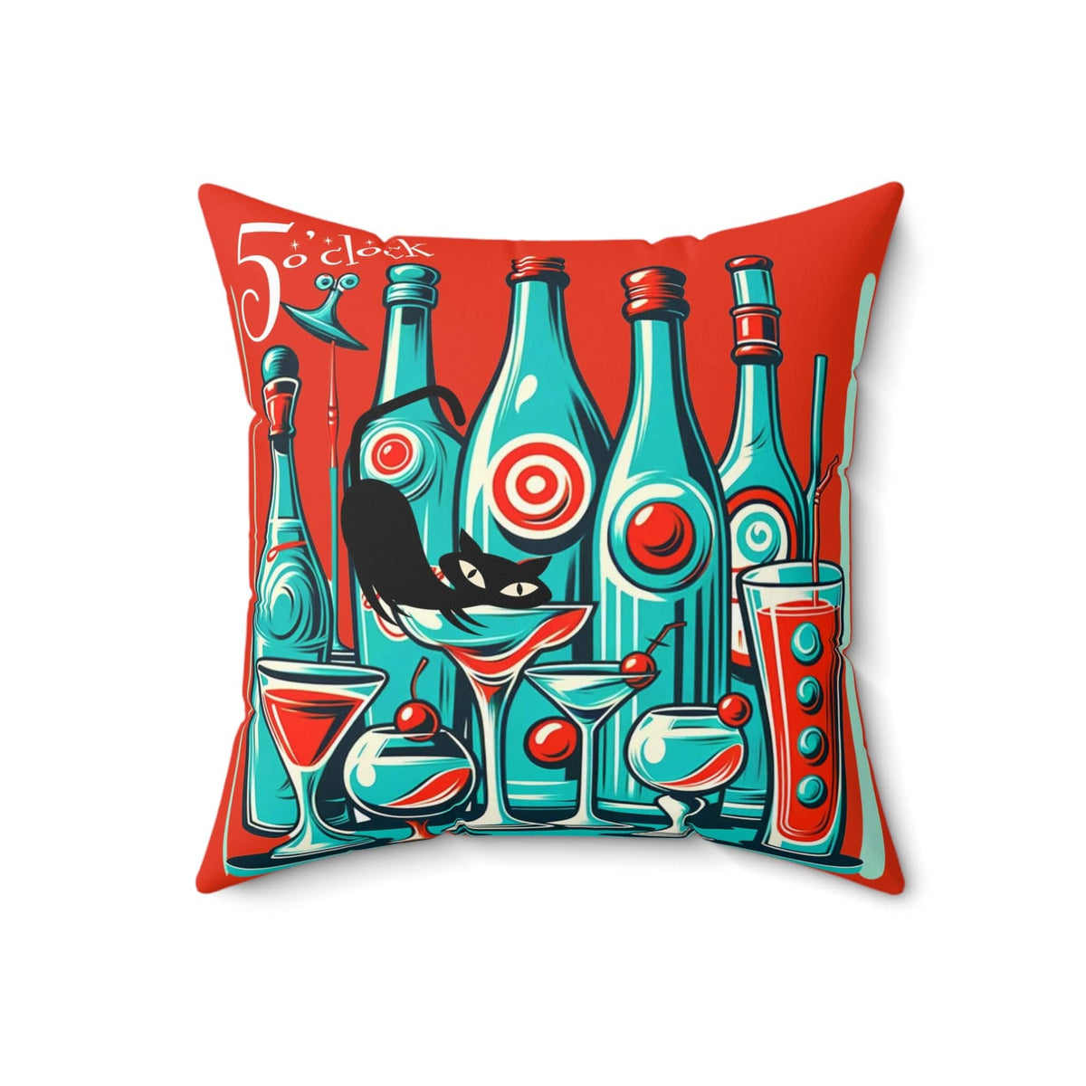 It's 5'oclock Somewhere, Mid Century Modern 50s, 60s Cocktail Party, Red, Aqua Pillow And Insert With Atomic Cat Home Decor