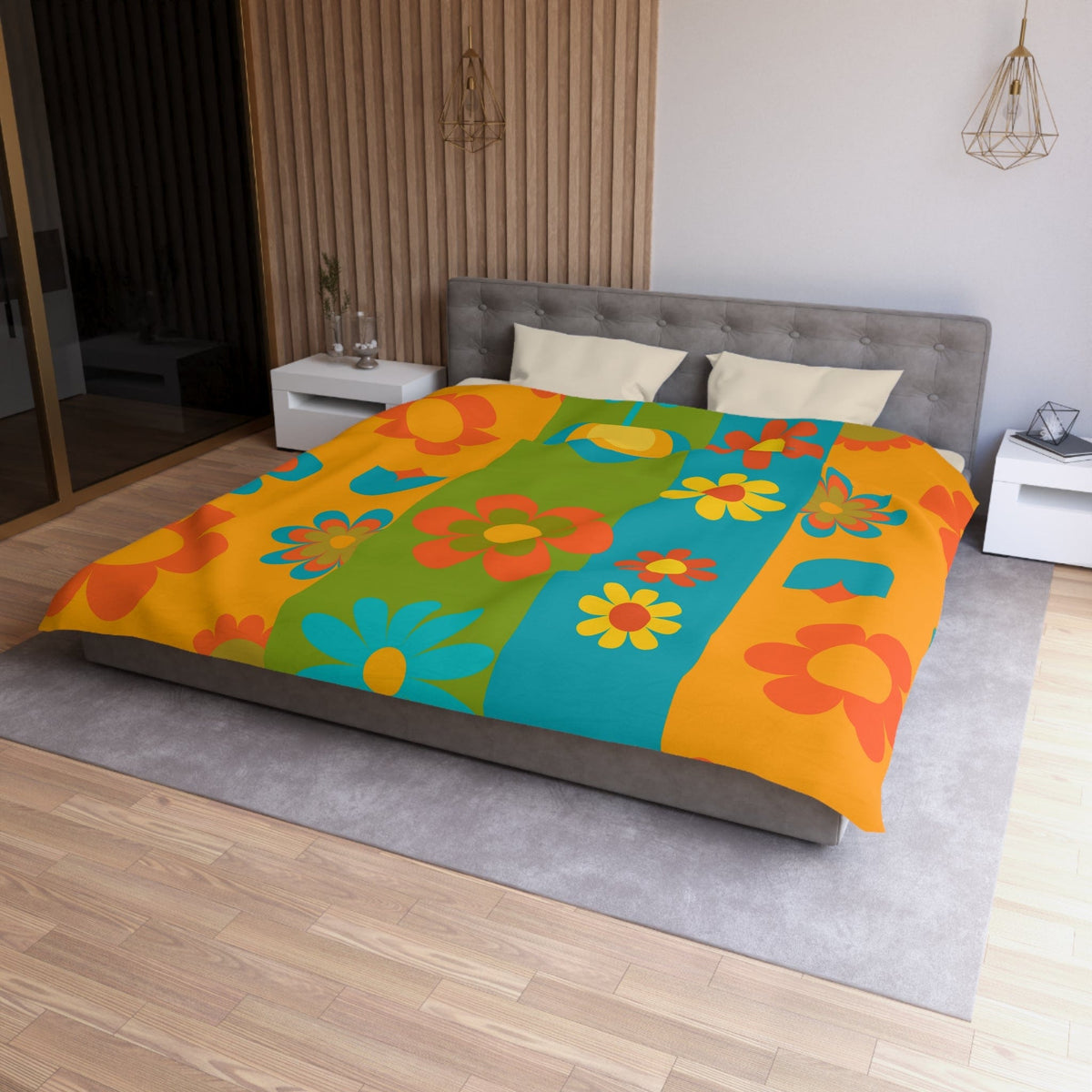 70's Flower Power Retro Bedding, Orange, Green, Yellow, Blue, Hipster Style Microfiber Duvet Cover Home Decor King / Cream