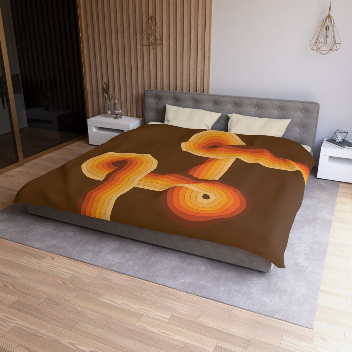 Groovy 70's Chocolate Brown, Orange, Retro Microfiber Duvet Cover Home Decor King / Cream