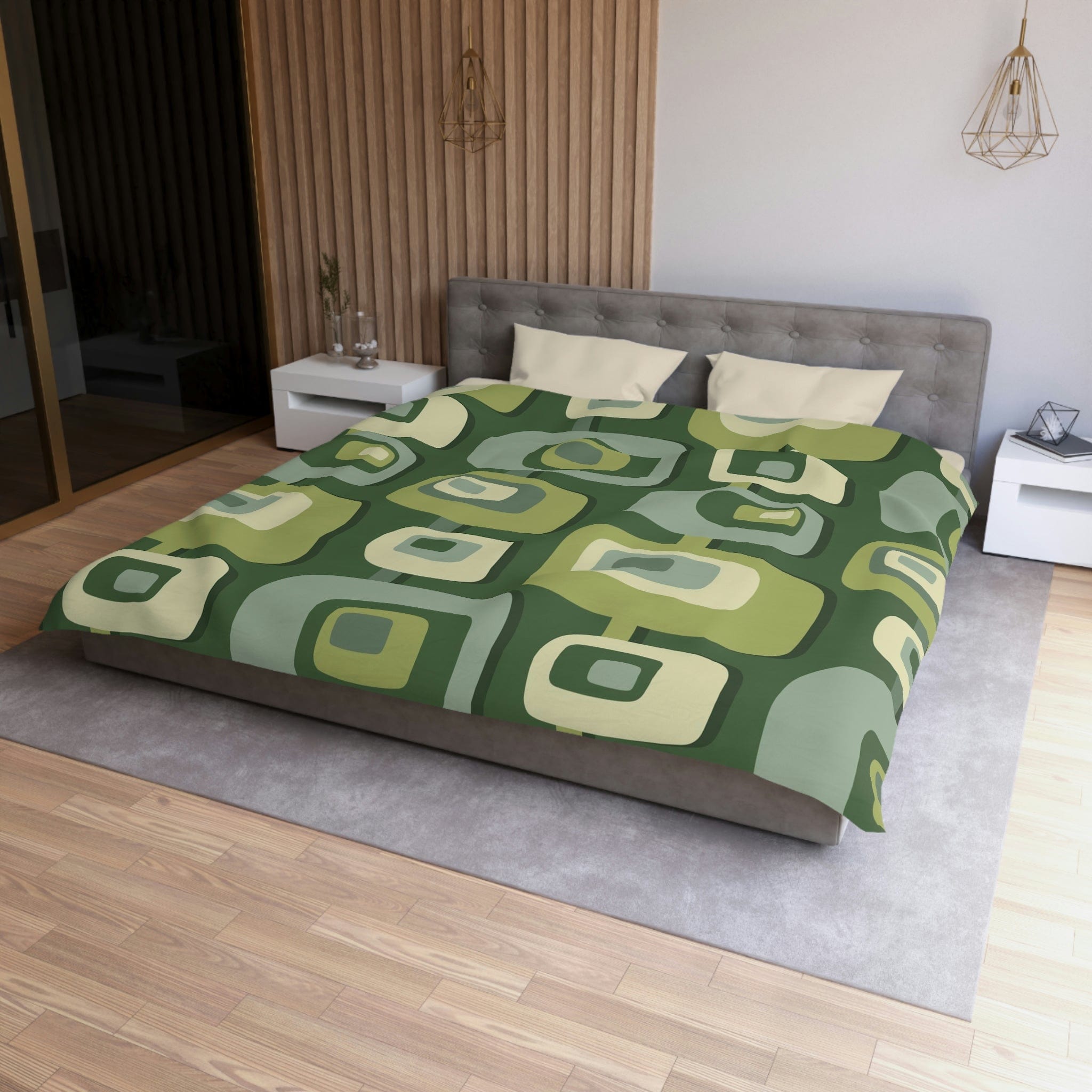 Mid Century Modern, Geometric, Groovy Green, Beige, Abstract, 60s 70s Retro, Mid Mod, MCM Duvet Cover Home Decor King / Cream