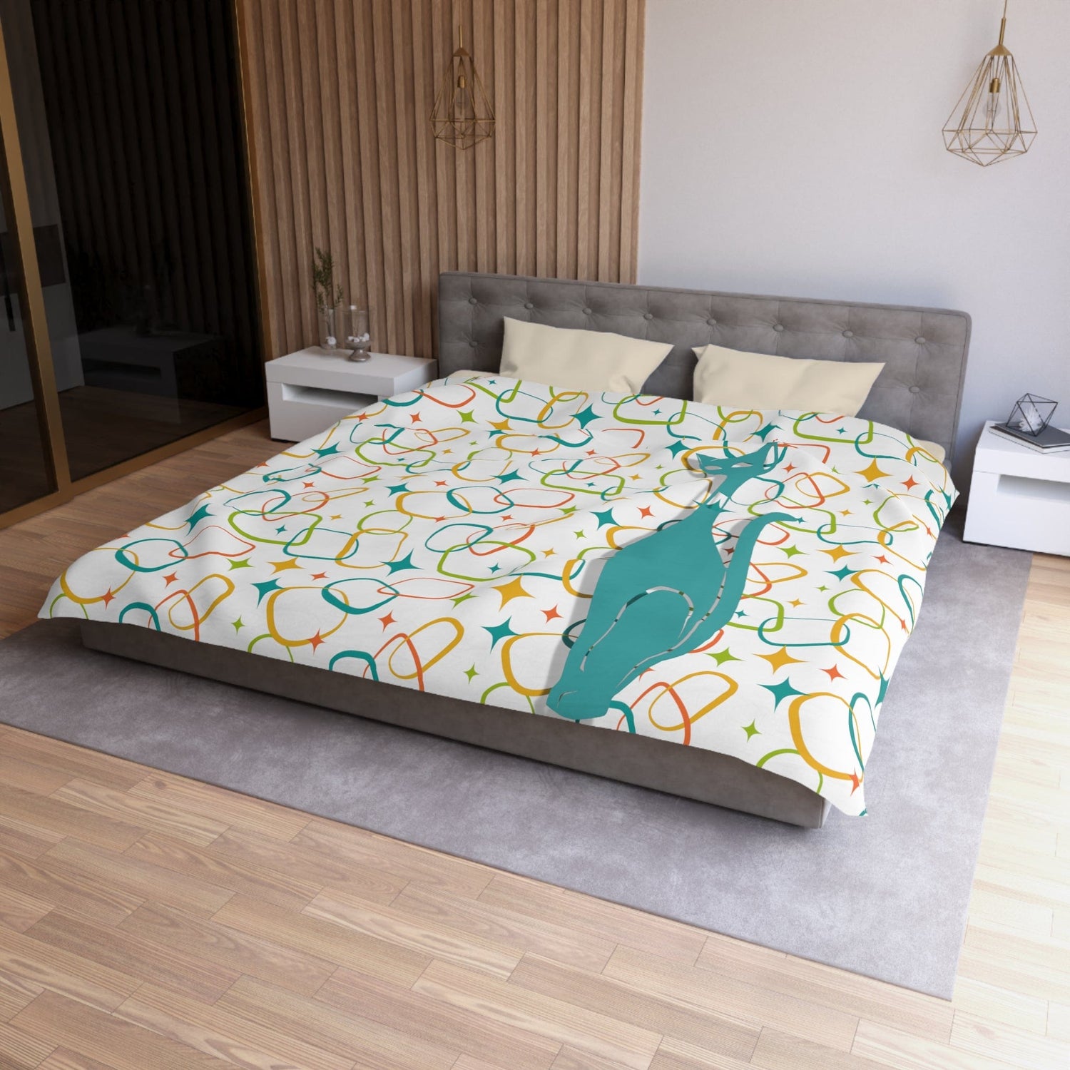 Mid Century Modern, Simple Modernist Atomic Cat, Geometric Retro MCM Microfiber Duvet Cover Home Decor King / Cream
