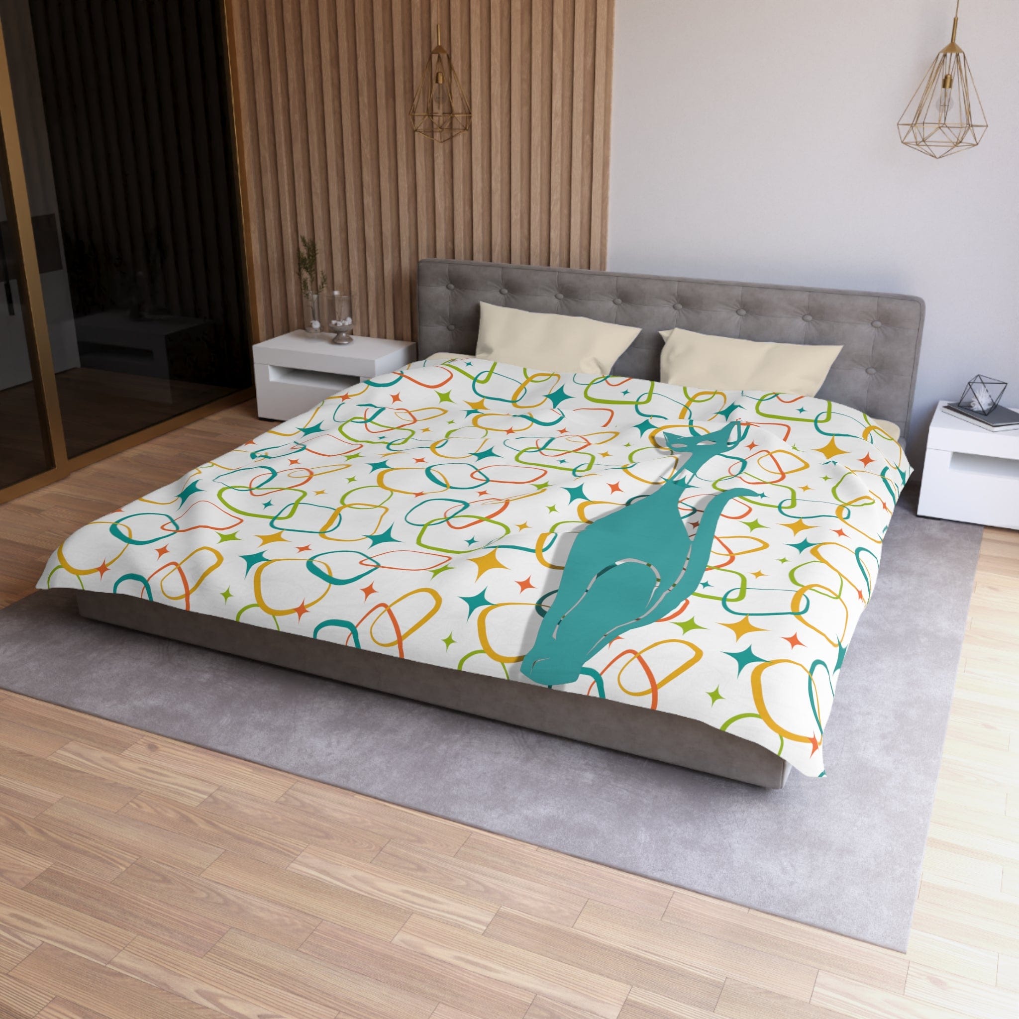 Mid Century Modern, Simple Modernist Atomic Cat, Geometric Retro MCM Microfiber Duvet Cover Home Decor King / Cream