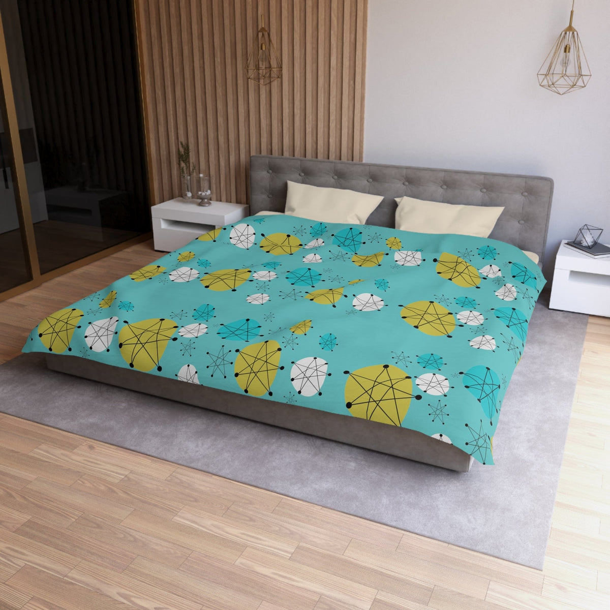 Mid Mod Atomic 50's Franciscan Pattern, Aqua Blue, MCM Designs By Mid Century Modern Gal Microfiber Duvet Cover Home Decor King / Cream
