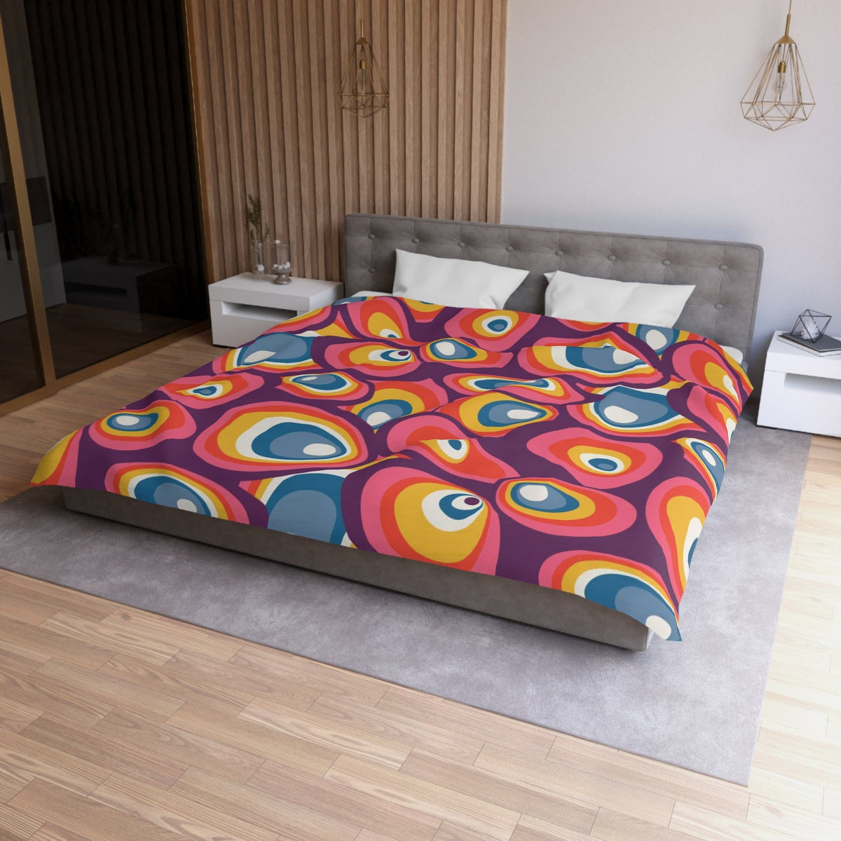 70's Bedding, Groovy, Purple, Pink, Blue, Yellow, Funky Fun Duvet Cover Home Decor King / White