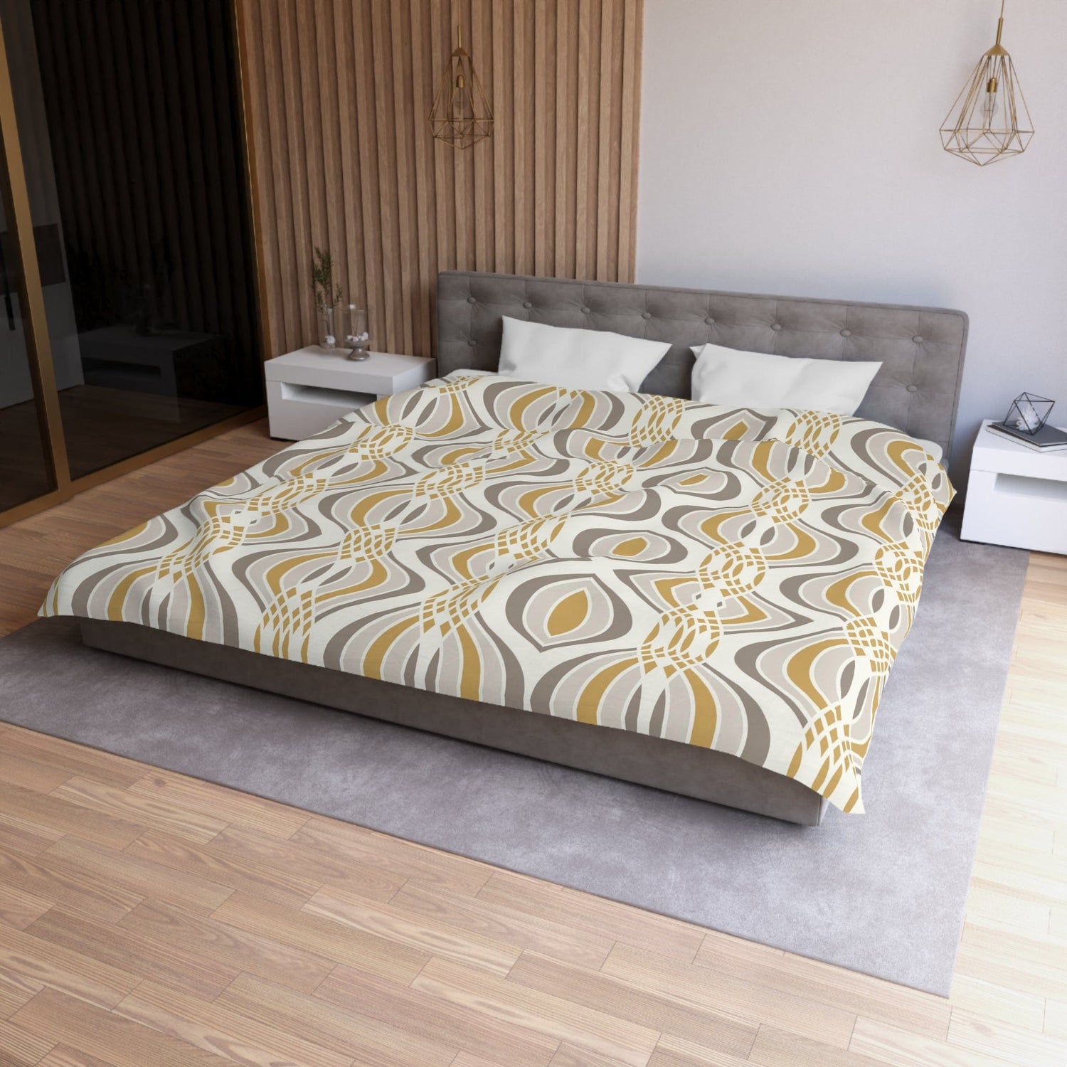 Mid Century Modern, Minamilst Retro Gold, Grayish Silver Geometric Mod King Size Microfiber Duvet Cover Home Decor King / White