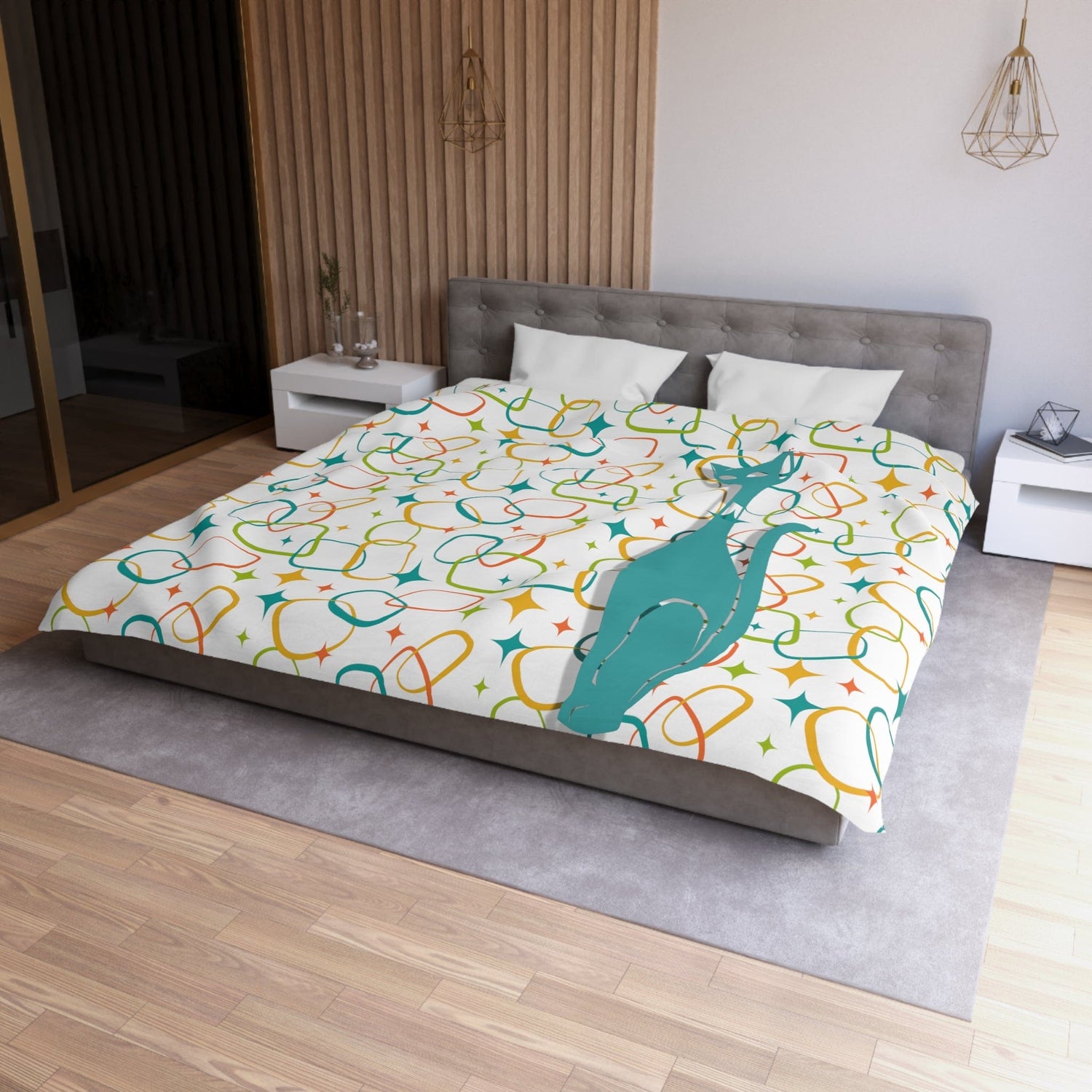 Mid Century Modern, Simple Modernist Atomic Cat, Geometric Retro MCM Microfiber Duvet Cover Home Decor King / White