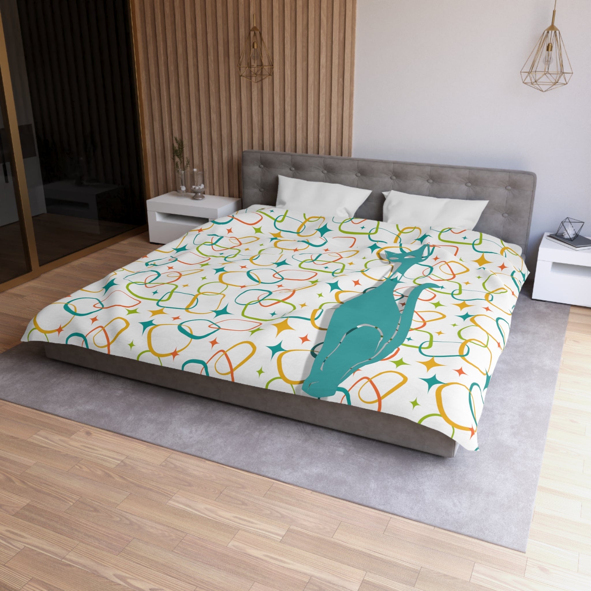 Mid Century Modern, Simple Modernist Atomic Cat, Geometric Retro MCM Microfiber Duvet Cover Home Decor King / White