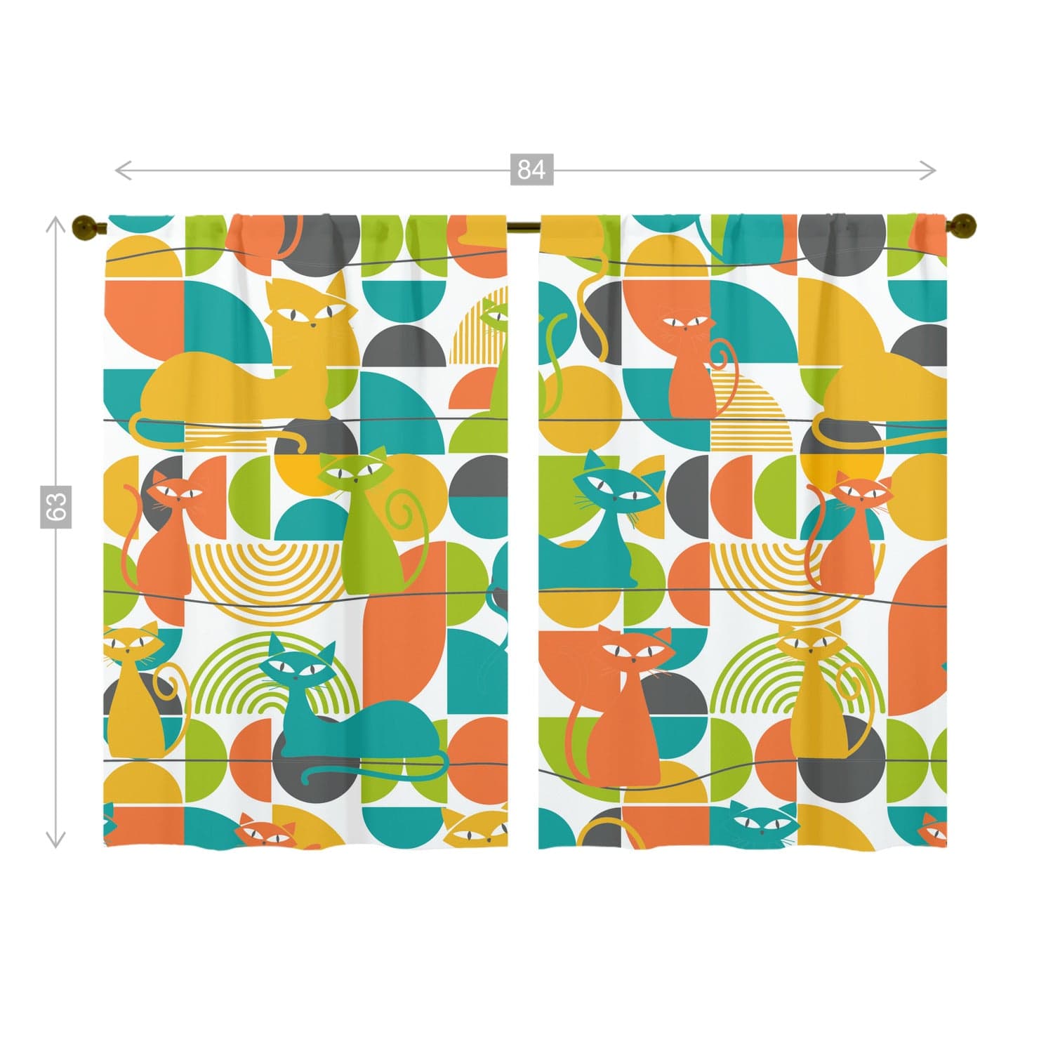 Kitschy Atomic Cats, Orange, Teal, Green, Harvest Yellow, Mod Retro Window Curtains (two panels) Curtains