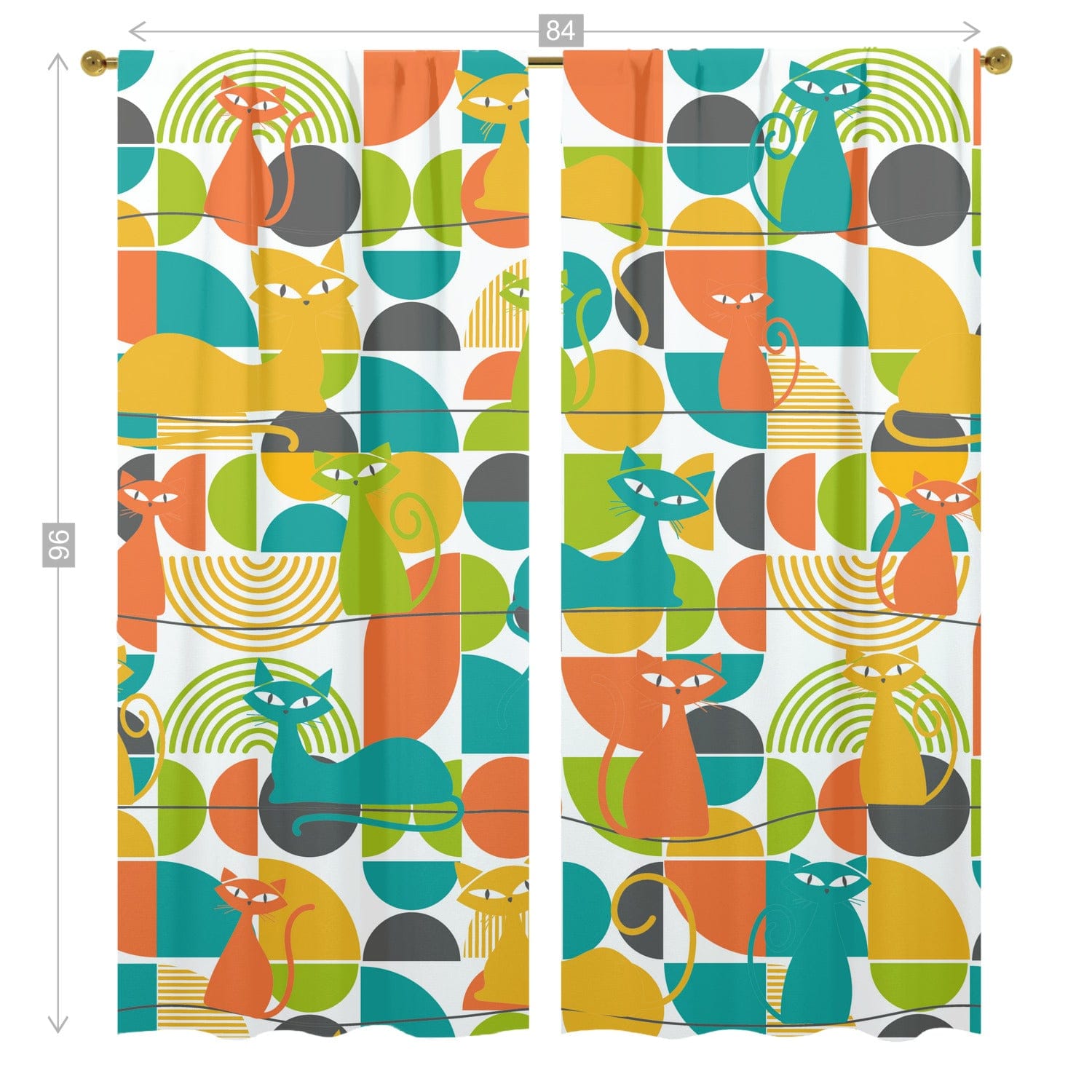 Kitschy Atomic Cats, Orange, Teal, Green, Harvest Yellow, Mod Retro Window Curtains (two panels) Curtains