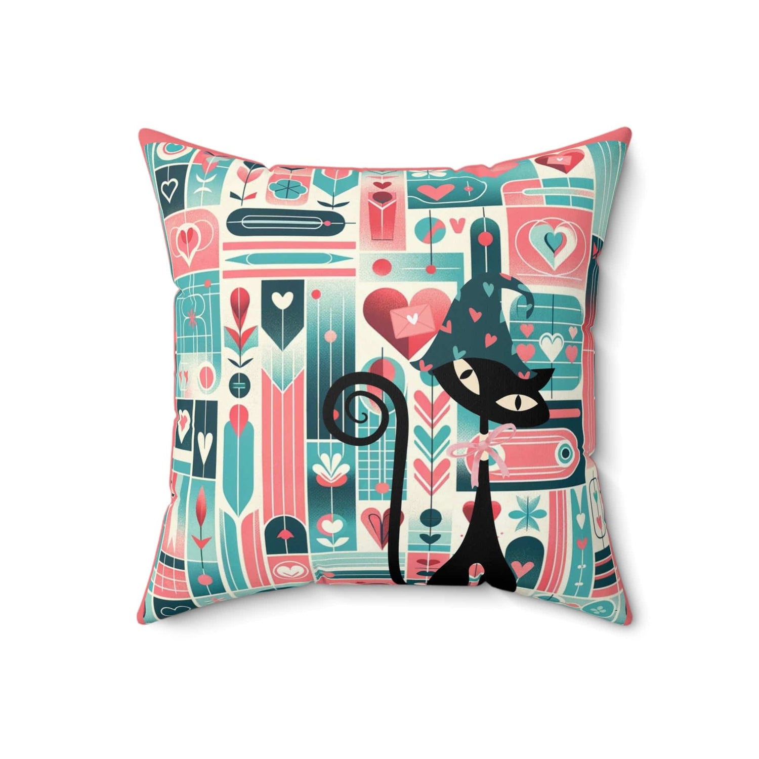 Kitschy Atomic Valentine Cat, Mid Century Modern, Aqua, Pink, Teal, Love Pillow And Insert Home Decor