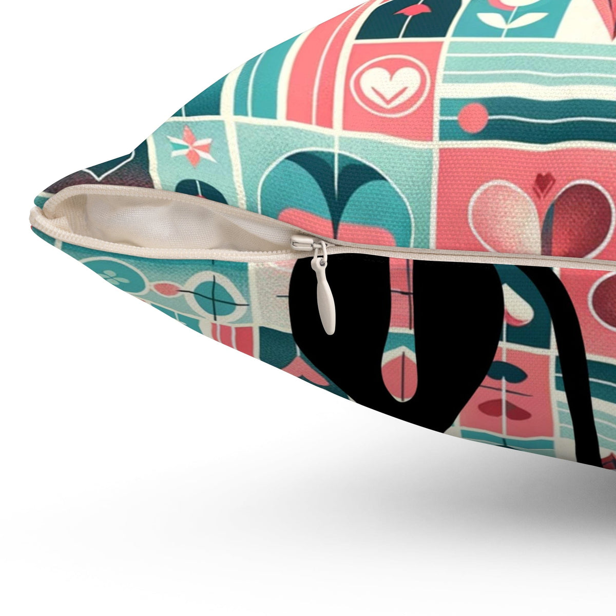 Kitschy Atomic Valentine Cat, Mid Century Modern, Aqua, Pink, Teal, Love Pillow And Insert Home Decor