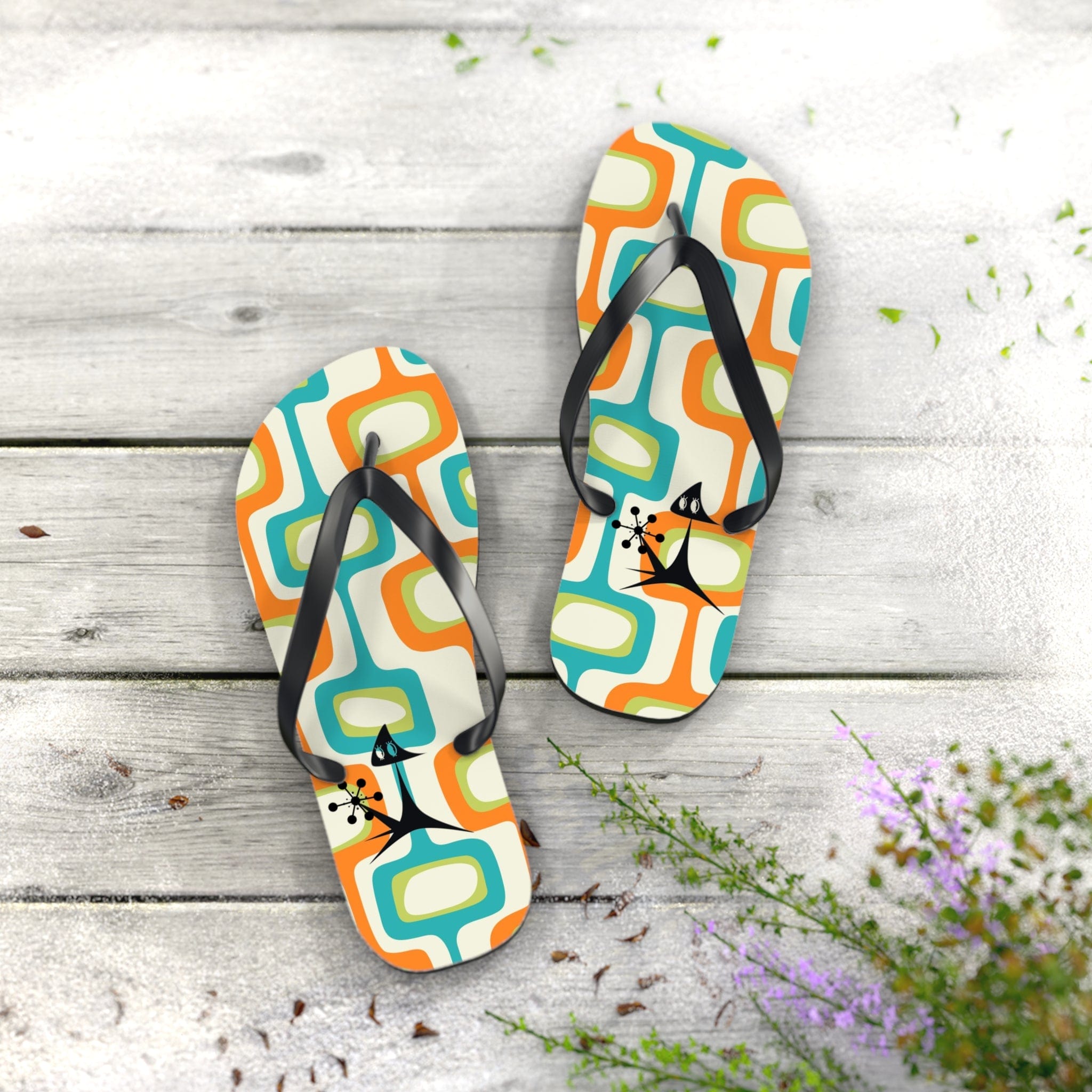 Mid Mod, Summer Retro Geometric, Atomic Kittie, Fun Funky Flip Flops Shoes L / Black sole