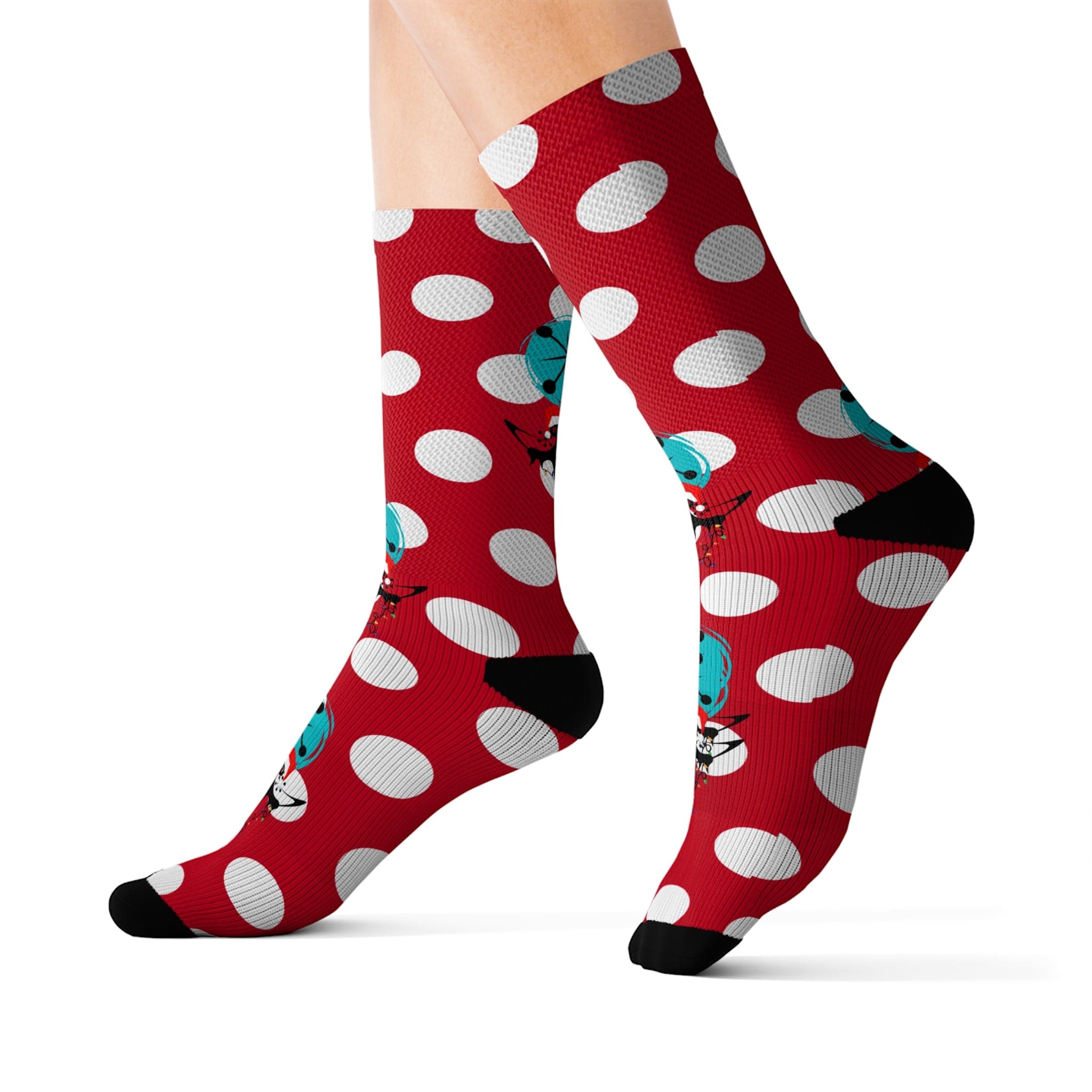 Christmas Socks, Red White, Polka Dot and Kitschy Crazy Atomic Cats Socks All Over Prints L