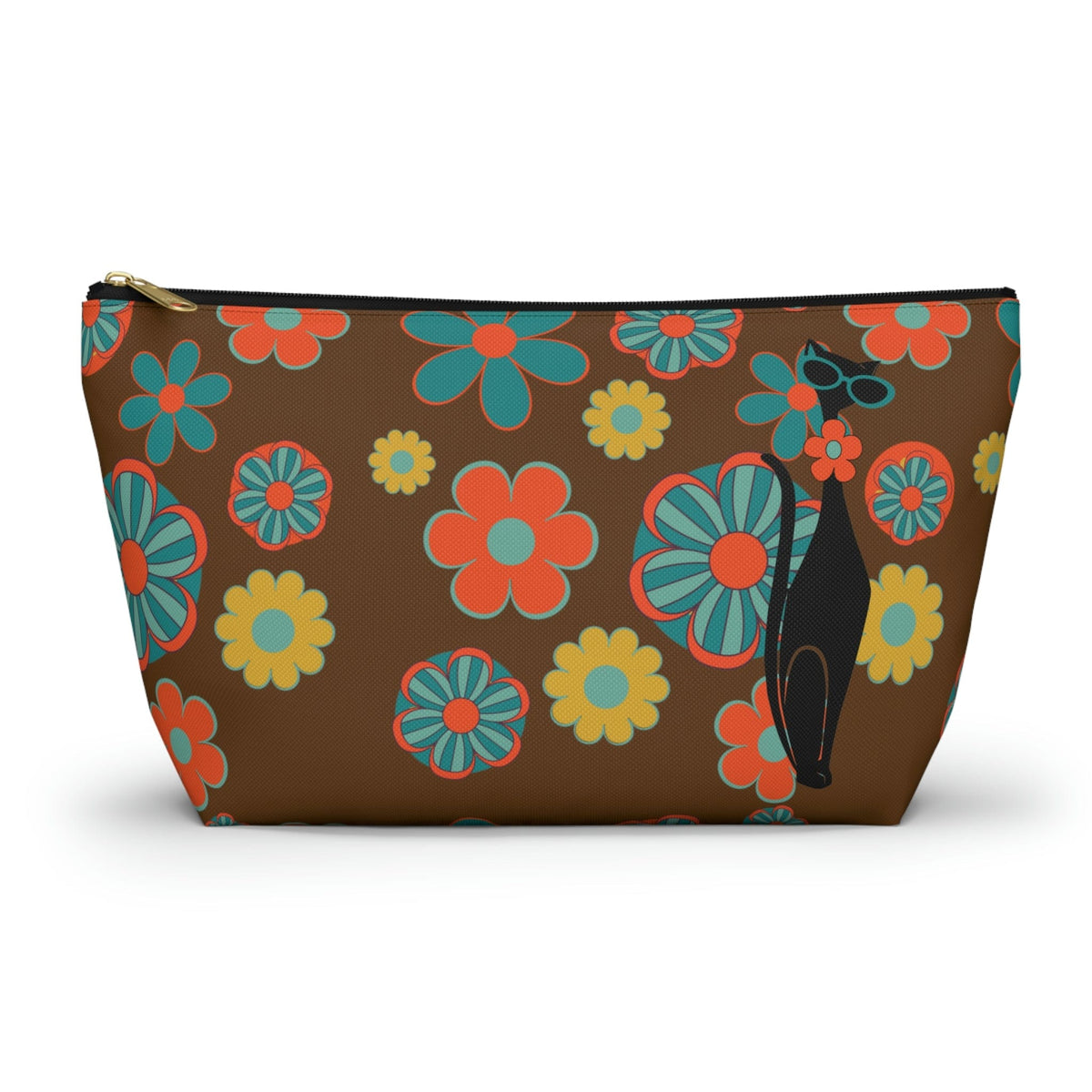 70's Flower Power, Retro Groovy Atomic Cat, Brown, Orange, Teal Accessory Makeup Pouch w T-bottom Bags Large / Black zipper