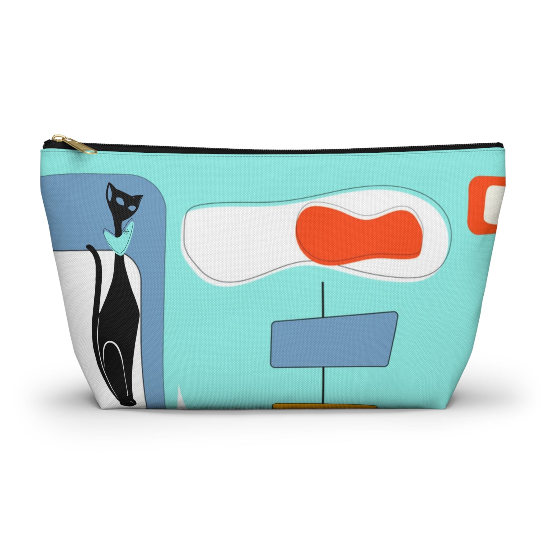 Atomic Cat, Aqua Blue, Mid Century Modern Funky Fun, Retro Accessory Pouch w T-bottom Bags Large / Black zipper