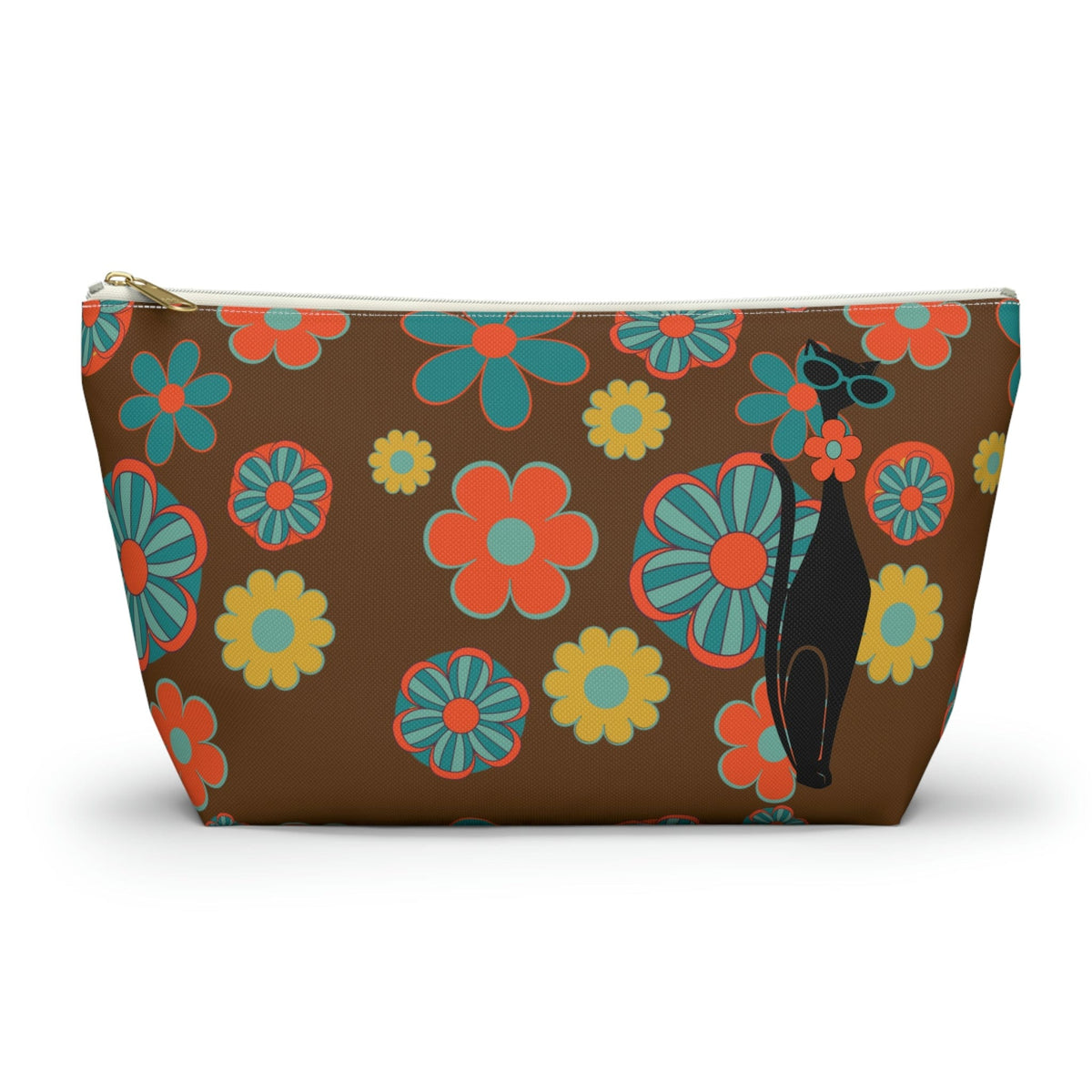 70's Flower Power, Retro Groovy Atomic Cat, Brown, Orange, Teal Accessory Makeup Pouch w T-bottom Bags Large / White zipper