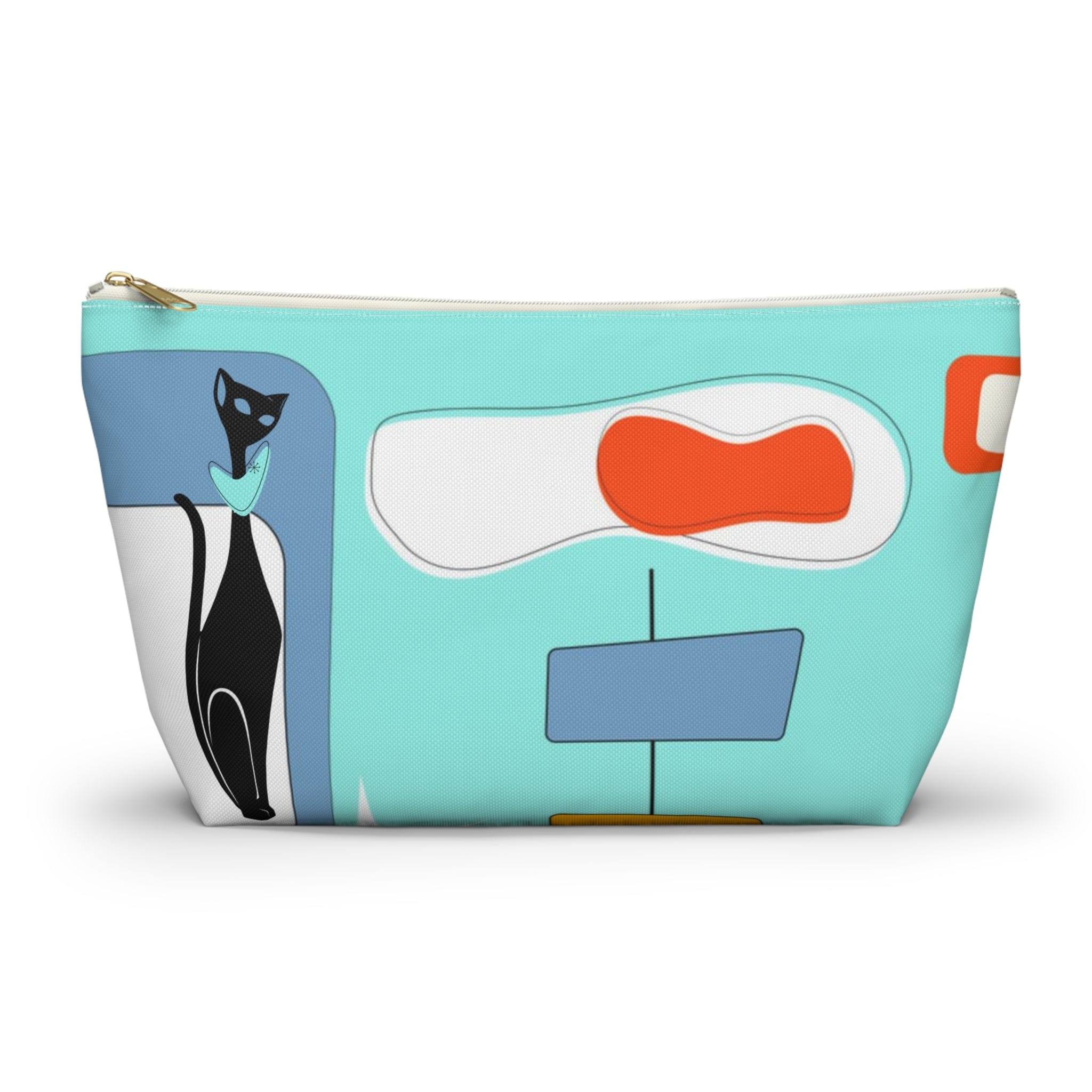 Atomic Cat, Aqua Blue, Mid Century Modern Funky Fun, Retro Accessory Pouch w T-bottom Bags Large / White zipper