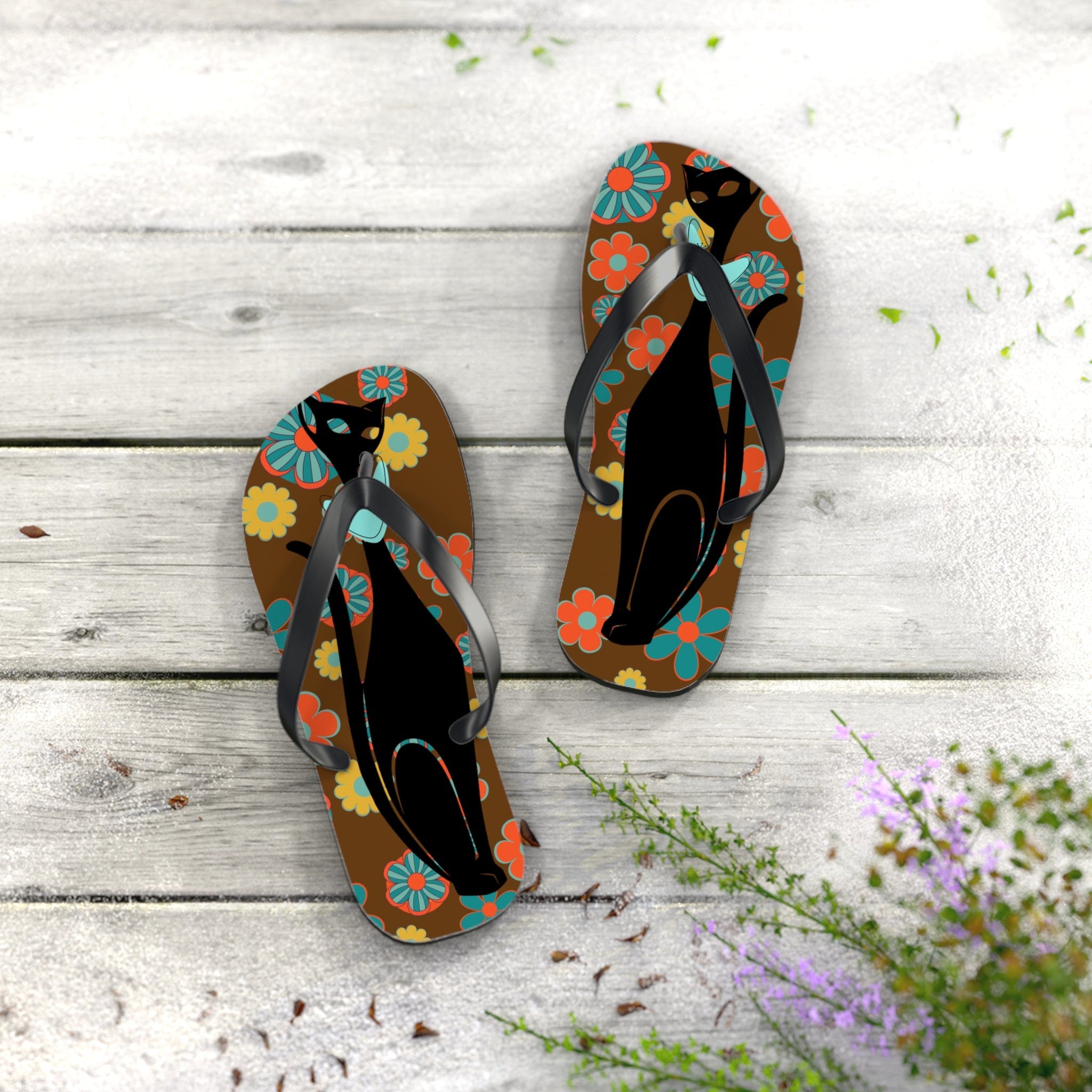 Flower Power Brown, Atomic Groovy, Retro Flip Flops Shoes M / Black sole