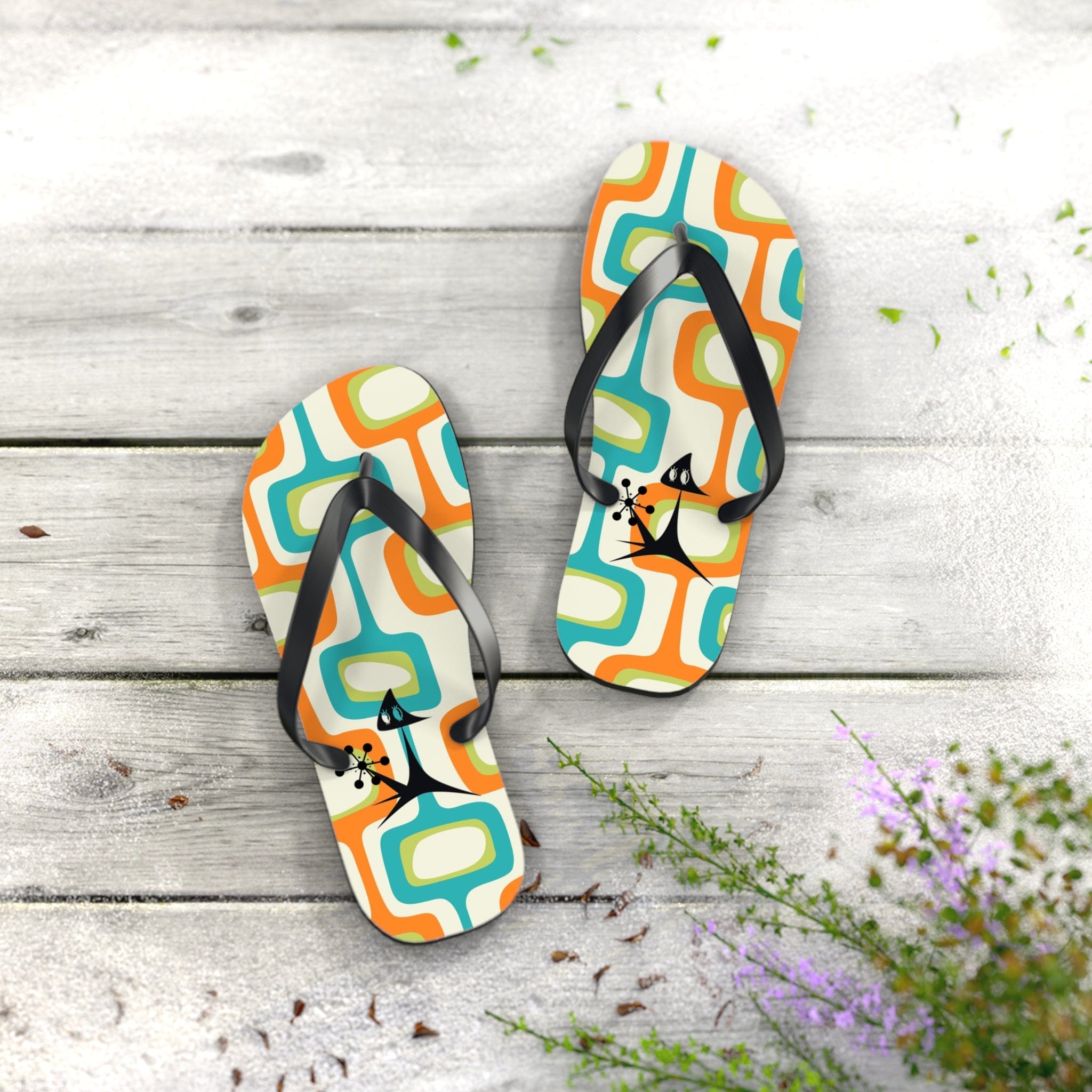 Mid Mod, Summer Retro Geometric, Atomic Kittie, Fun Funky Flip Flops Shoes M / Black sole