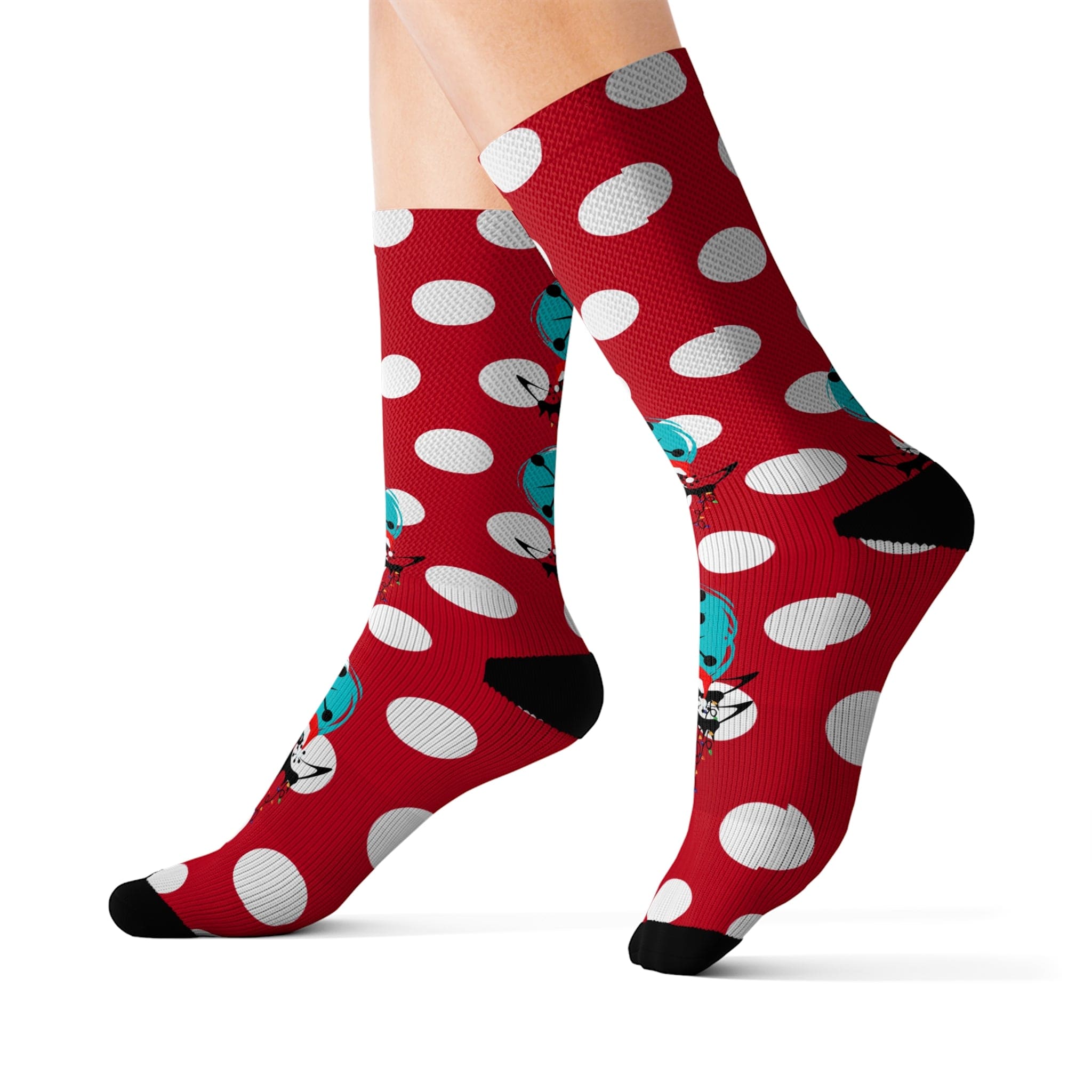 Christmas Socks, Red White, Polka Dot and Kitschy Crazy Atomic Cats Socks All Over Prints M