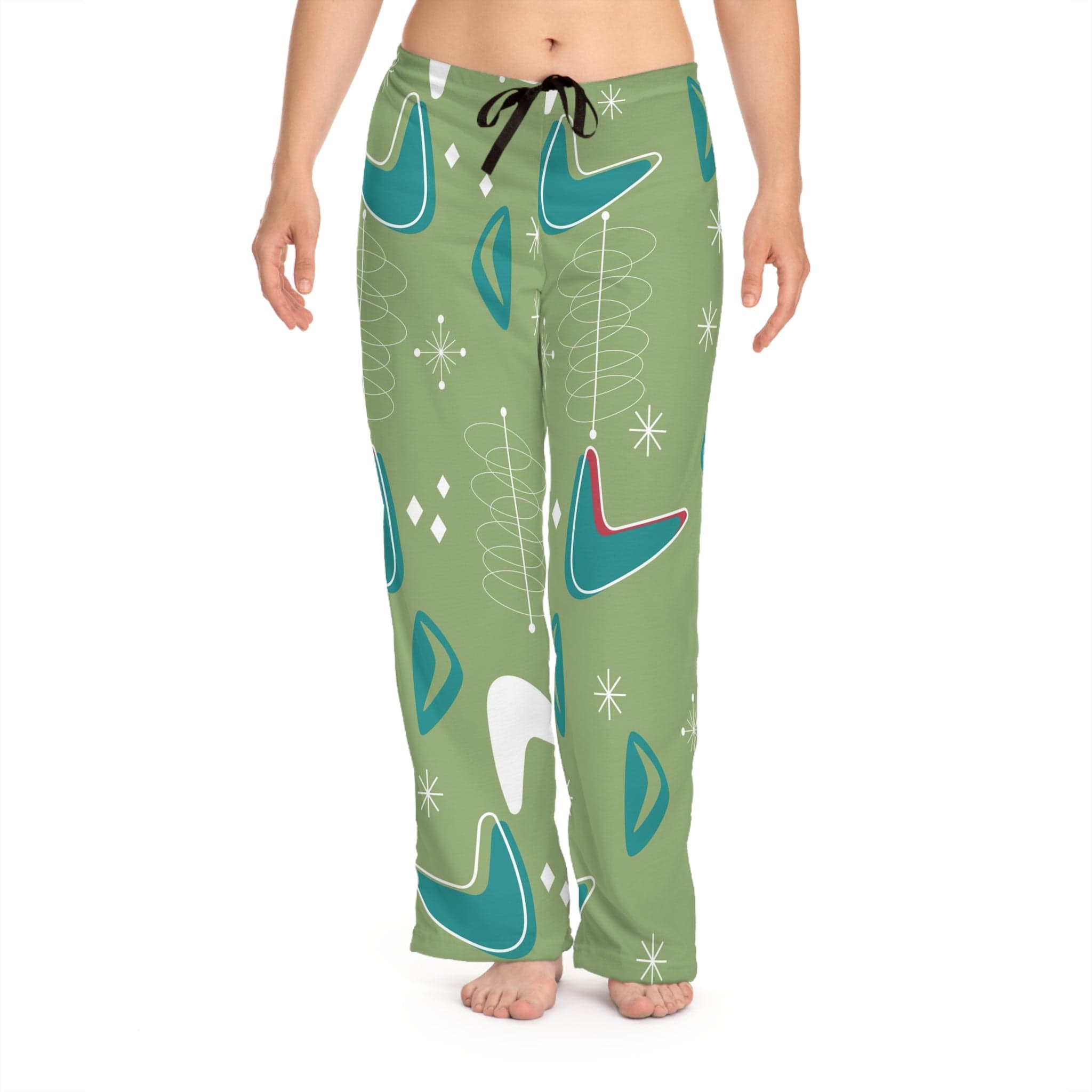 Mid Century Modern Christmas Pajama Loung Pants, Atomic Green, Boomerand Retro Cozy Women&