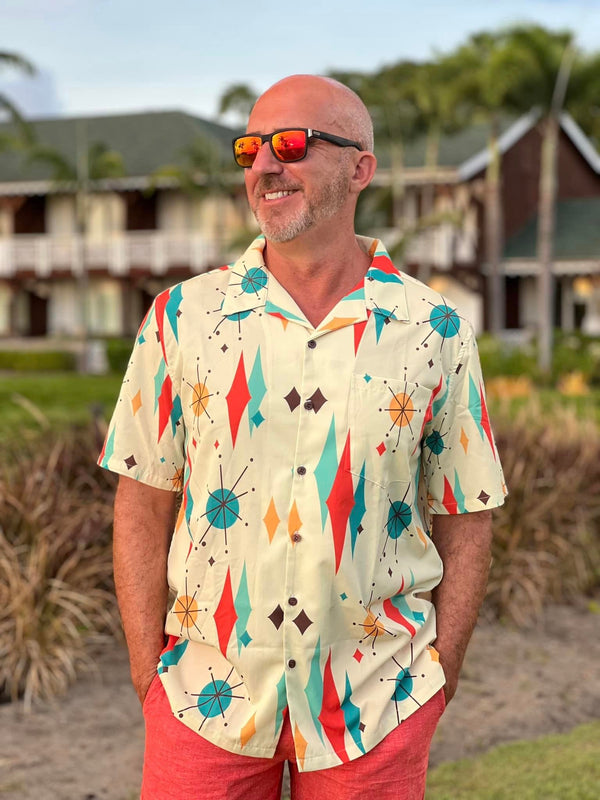 Men's Hawaiian Shirt, MCM Retro, Starburst, Beige, Teal, Yellow, Astro Century Mid Modern Casual Summer Party Shirt