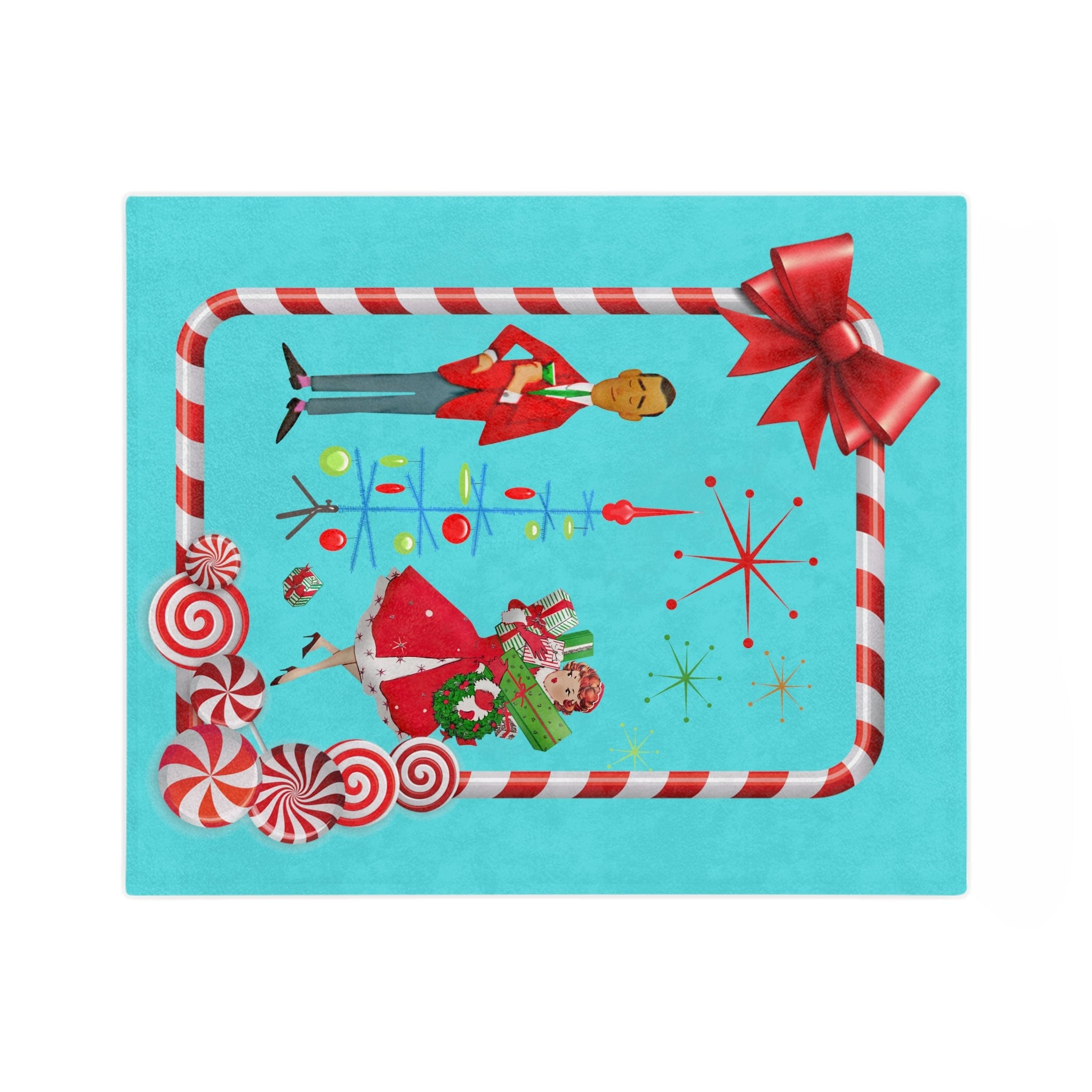 Mid Century Christmas, His And Her, Kitschy Cute, Vintage Mod Aqua Blue, Red, Candy Cane Velveteen Minky Blanket Home Decor