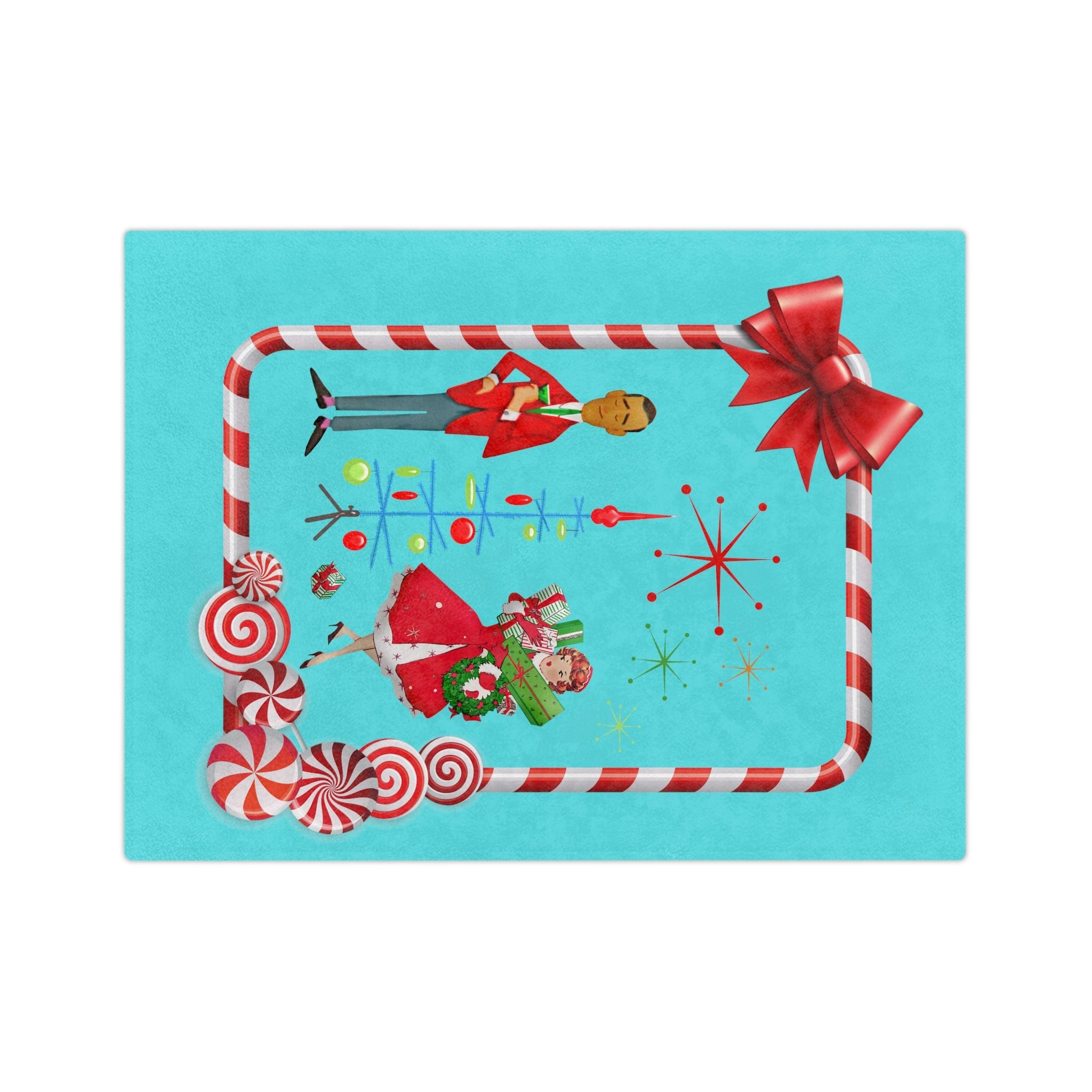 Mid Century Christmas, His And Her, Kitschy Cute, Vintage Mod Aqua Blue, Red, Candy Cane Velveteen Minky Blanket Home Decor