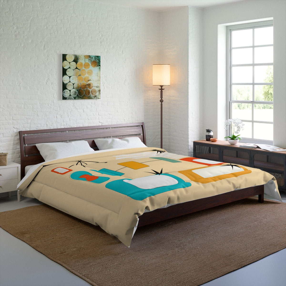 Mid Century Design Bedding, Beige, Aqua Blue, Yellow, Geometric Abstract Art, Mid Mod King Or Queen Comforter Home Decor