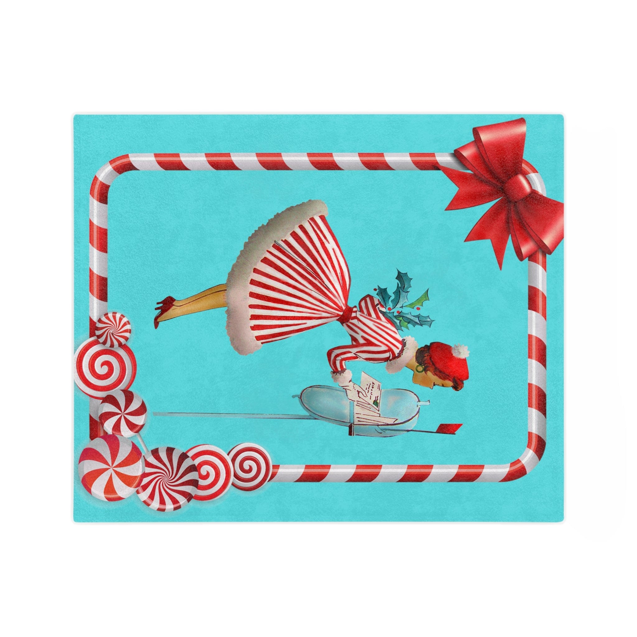 Mid Century Modern, Aqua, Red, Christmas Candy Cane, Kitschy Retro Velveteen Minky Blanket Home Decor