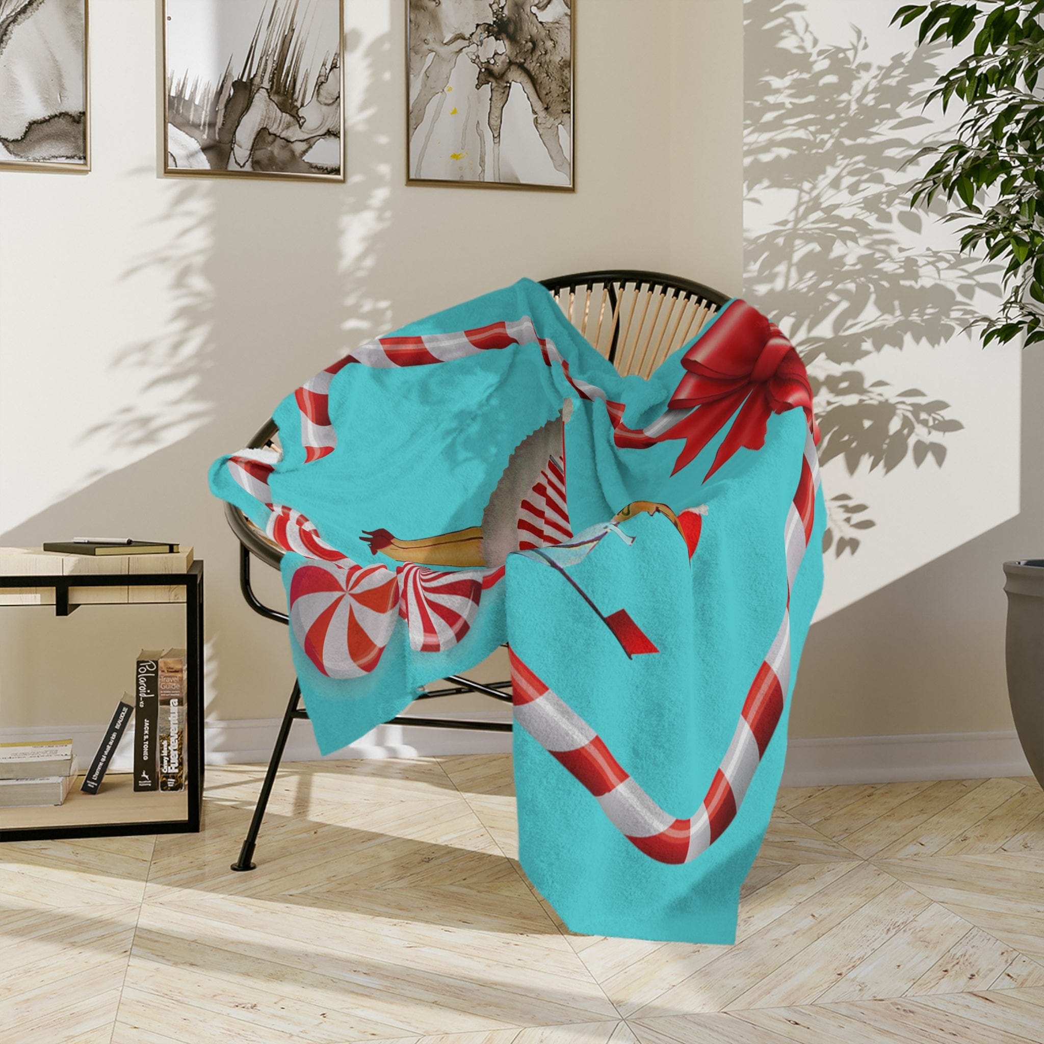 Mid Century Modern, Aqua, Red, Christmas Candy Cane, Kitschy Retro Velveteen Minky Blanket Home Decor